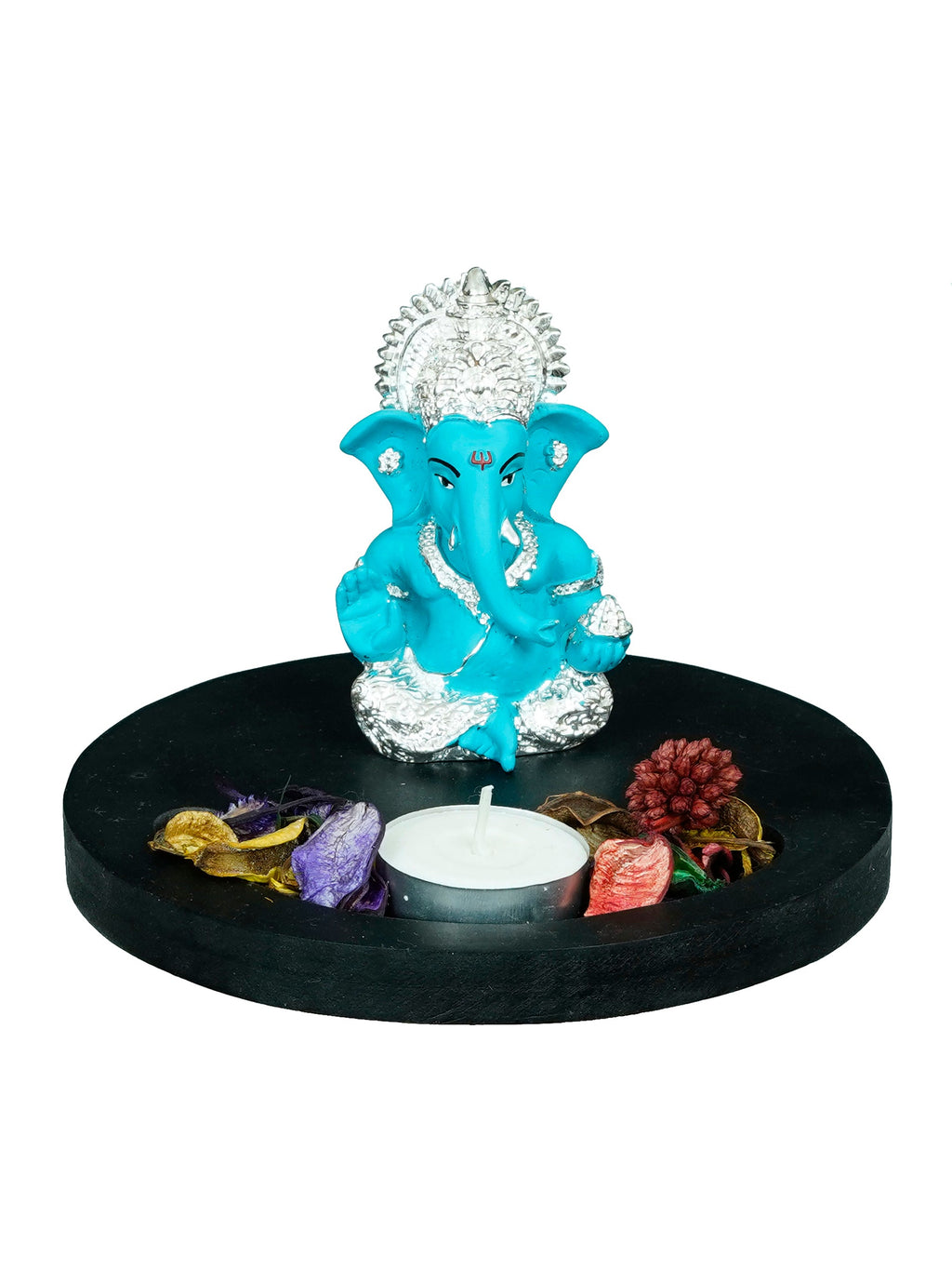 Polyresin Silver Plated Blue Ganesha Idol on Wooden Base, Fragranced Petals Tealight Candle Holder Kafalo