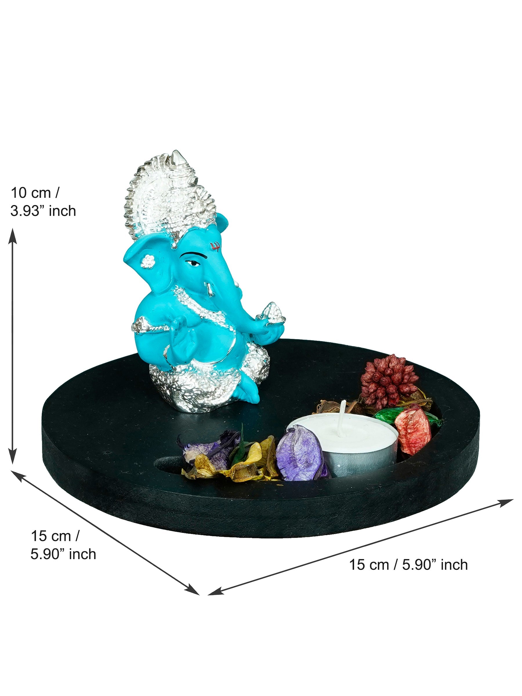 Polyresin Silver Plated Blue Ganesha Idol on Wooden Base, Fragranced Petals Tealight Candle Holder Kafalo