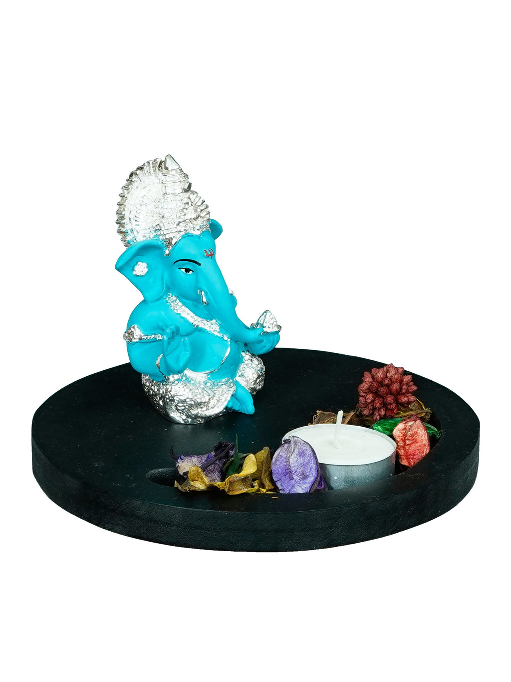 Polyresin Silver Plated Blue Ganesha Idol on Wooden Base, Fragranced Petals Tealight Candle Holder Kafalo