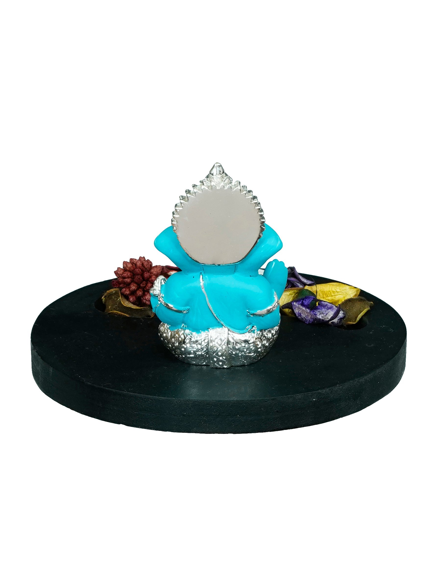 Polyresin Silver Plated Blue Ganesha Idol on Wooden Base, Fragranced Petals Tealight Candle Holder Kafalo
