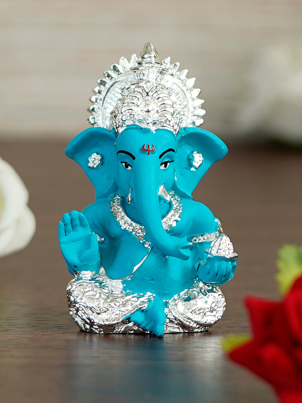 Silver Plated Blue Polyresin Ganesha Idol for Home, Temple, Office and Car Dashboard Kafalo