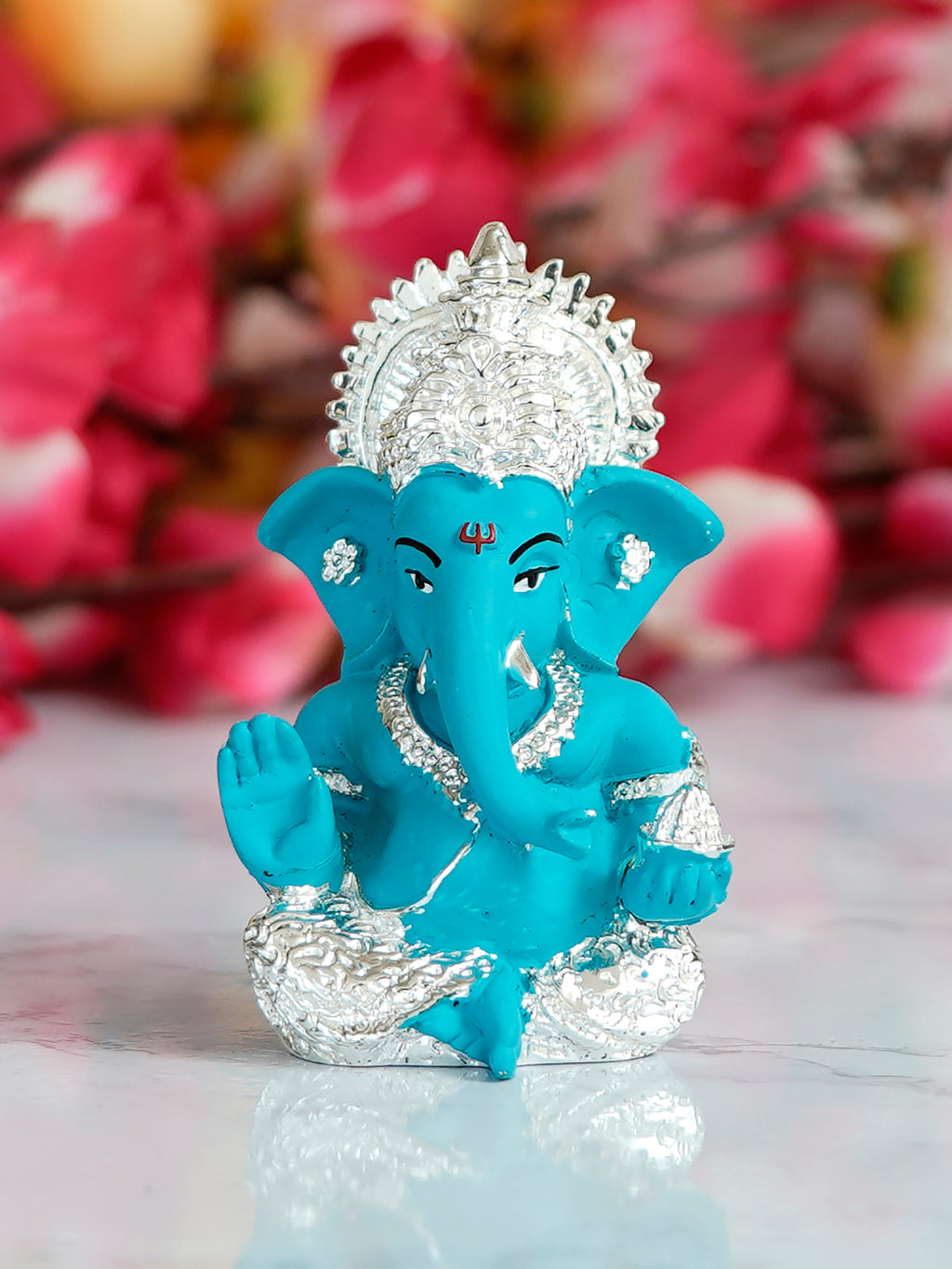 Silver Plated Blue Polyresin Ganesha Idol for Home, Temple, Office and Car Dashboard Kafalo