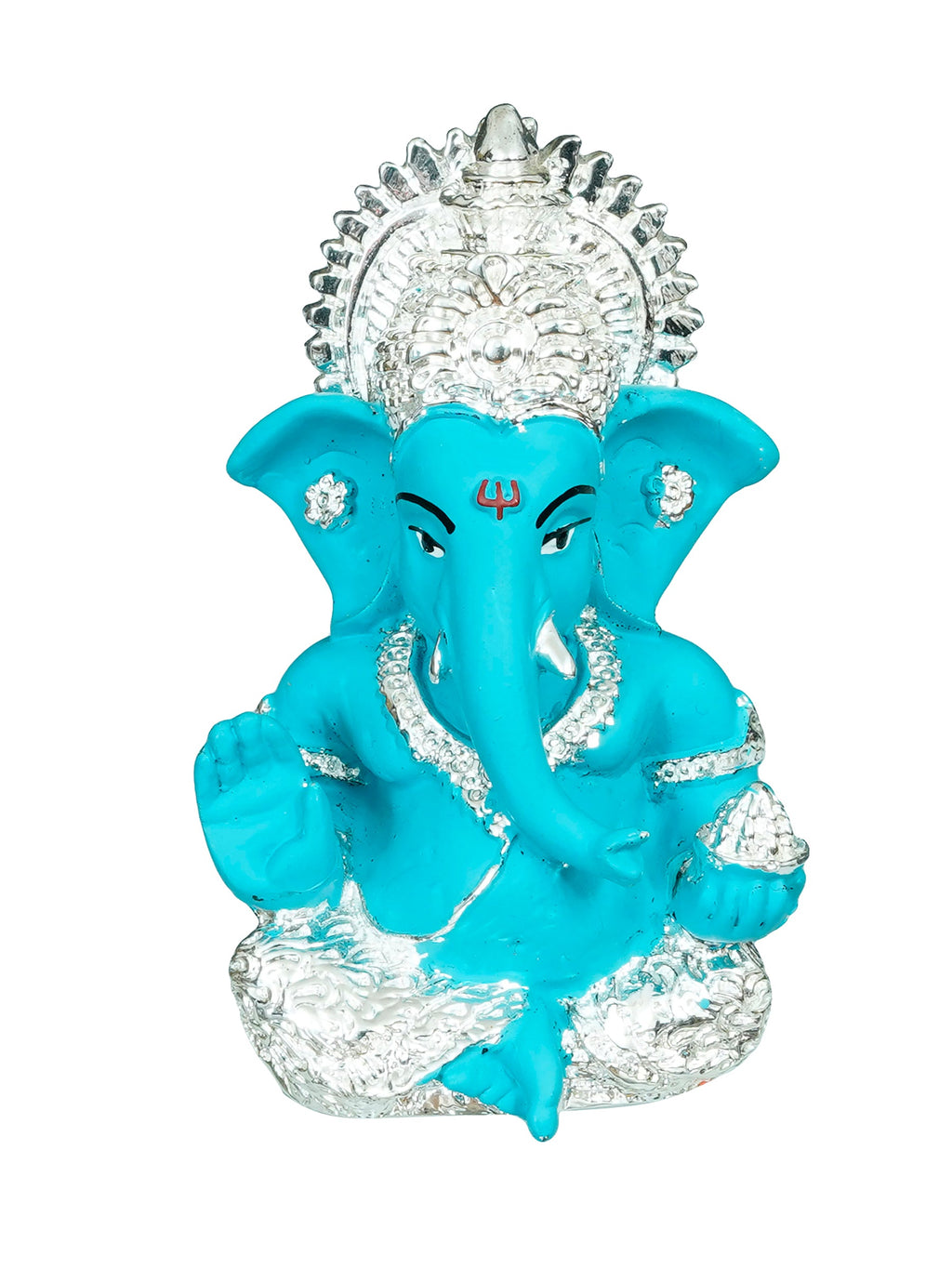 Silver Plated Blue Polyresin Ganesha Idol for Home, Temple, Office and Car Dashboard Kafalo