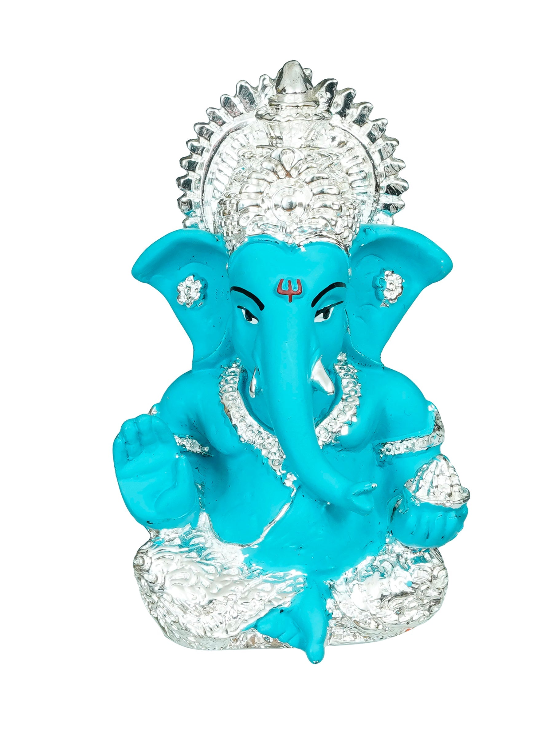 Silver Plated Blue Polyresin Ganesha Idol for Home, Temple, Office and Car Dashboard Kafalo