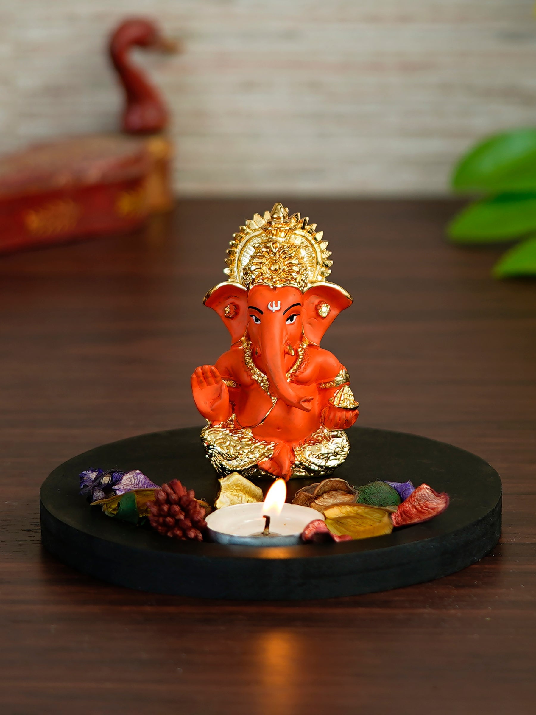 Polyresin Gold Plated Orange Ganesha Idol on Wooden Base, Fragranced Petals Tealight Candle Holder Kafalo