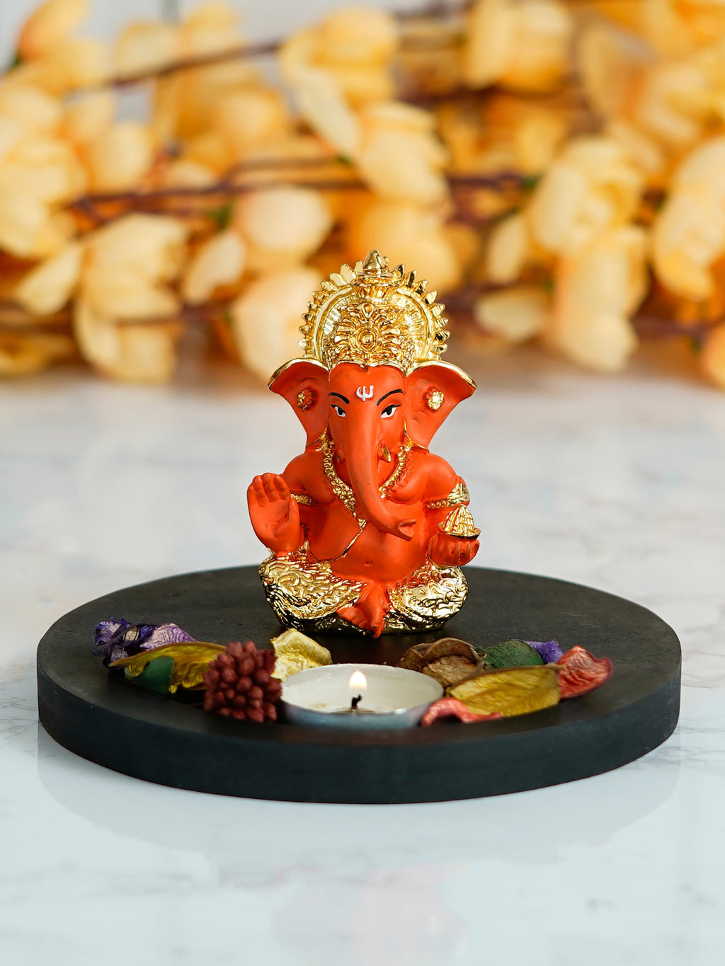 Polyresin Gold Plated Orange Ganesha Idol on Wooden Base, Fragranced Petals Tealight Candle Holder Kafalo