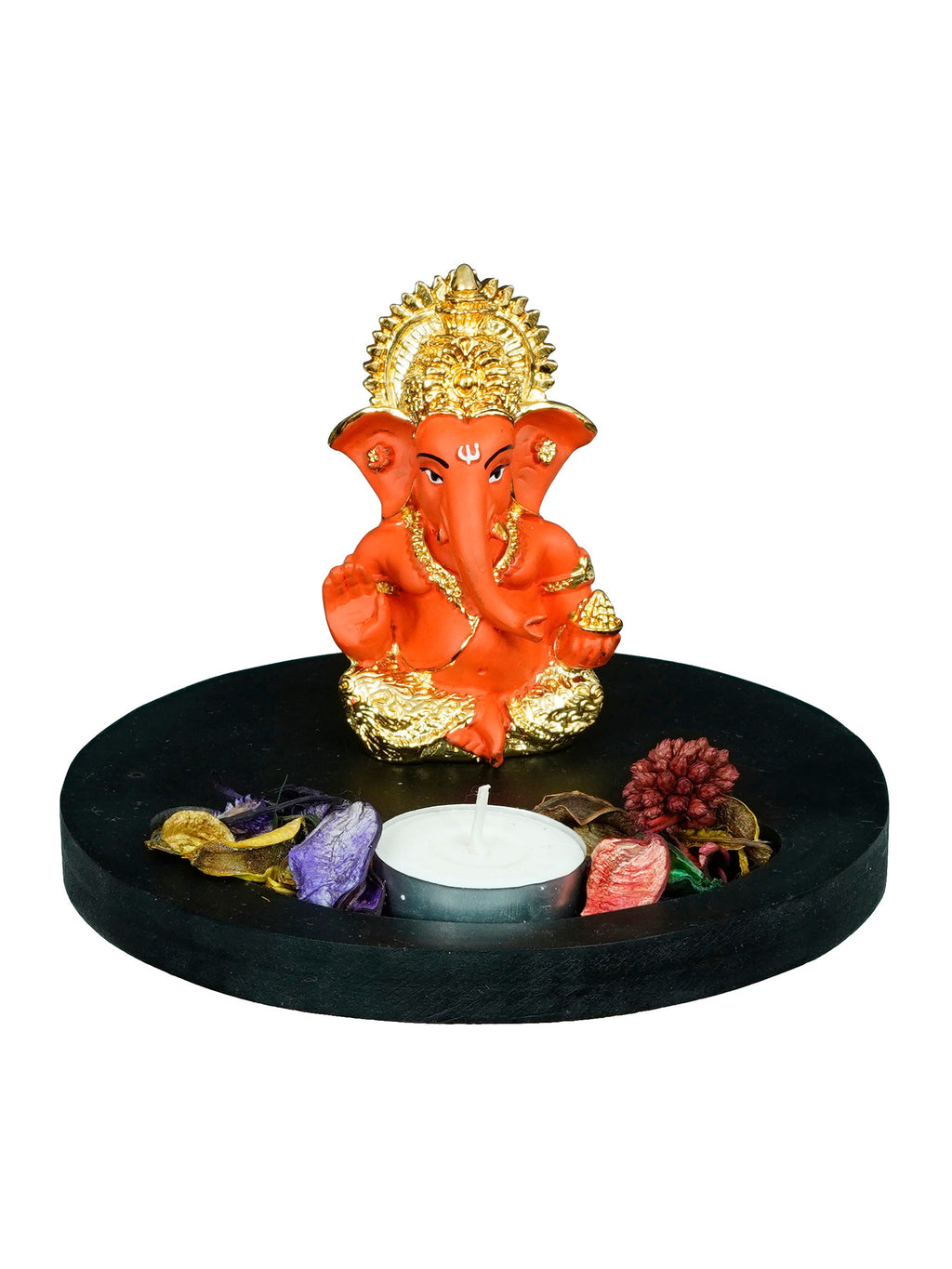 Polyresin Gold Plated Orange Ganesha Idol on Wooden Base, Fragranced Petals Tealight Candle Holder Kafalo