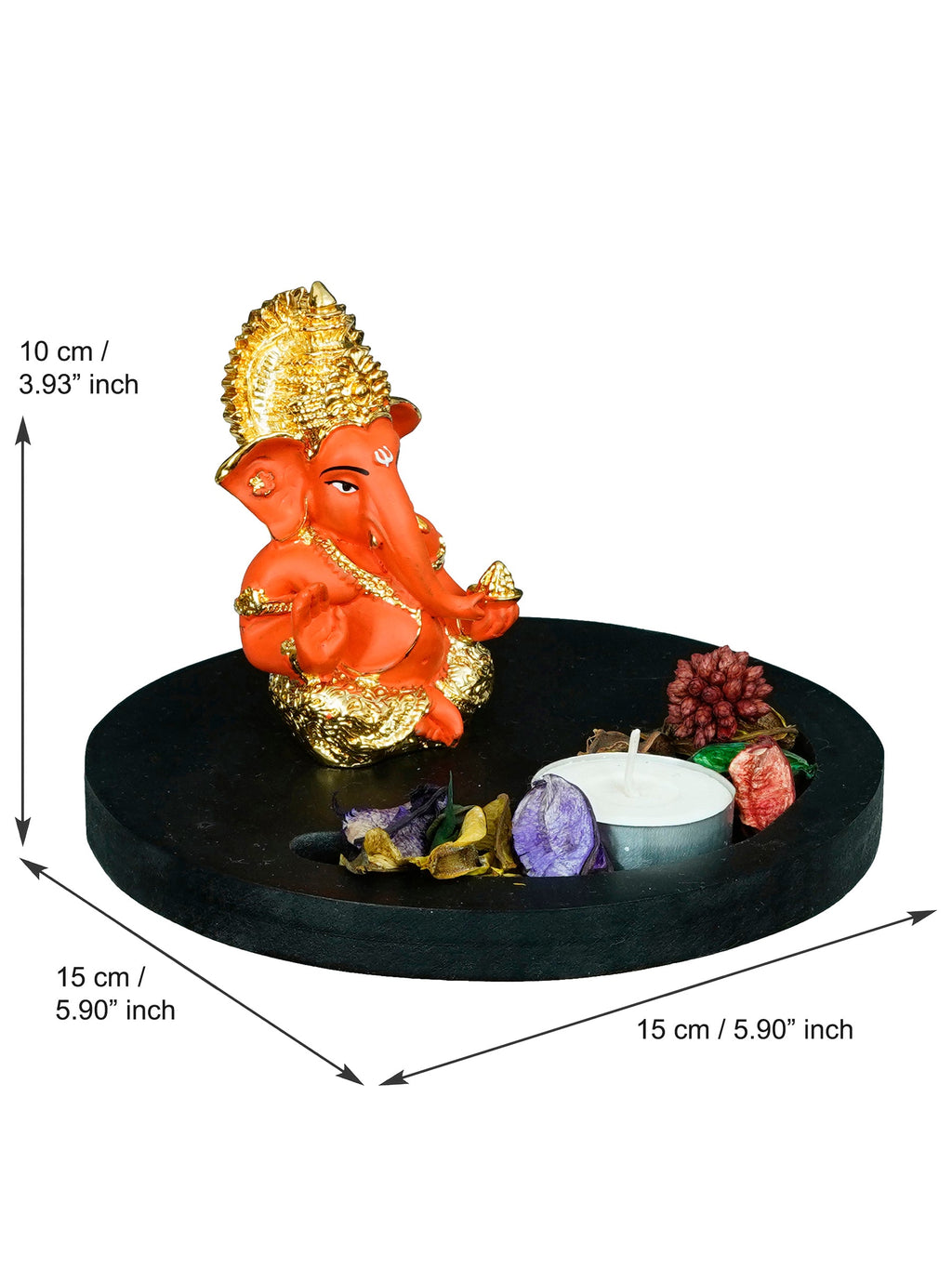 Polyresin Gold Plated Orange Ganesha Idol on Wooden Base, Fragranced Petals Tealight Candle Holder Kafalo