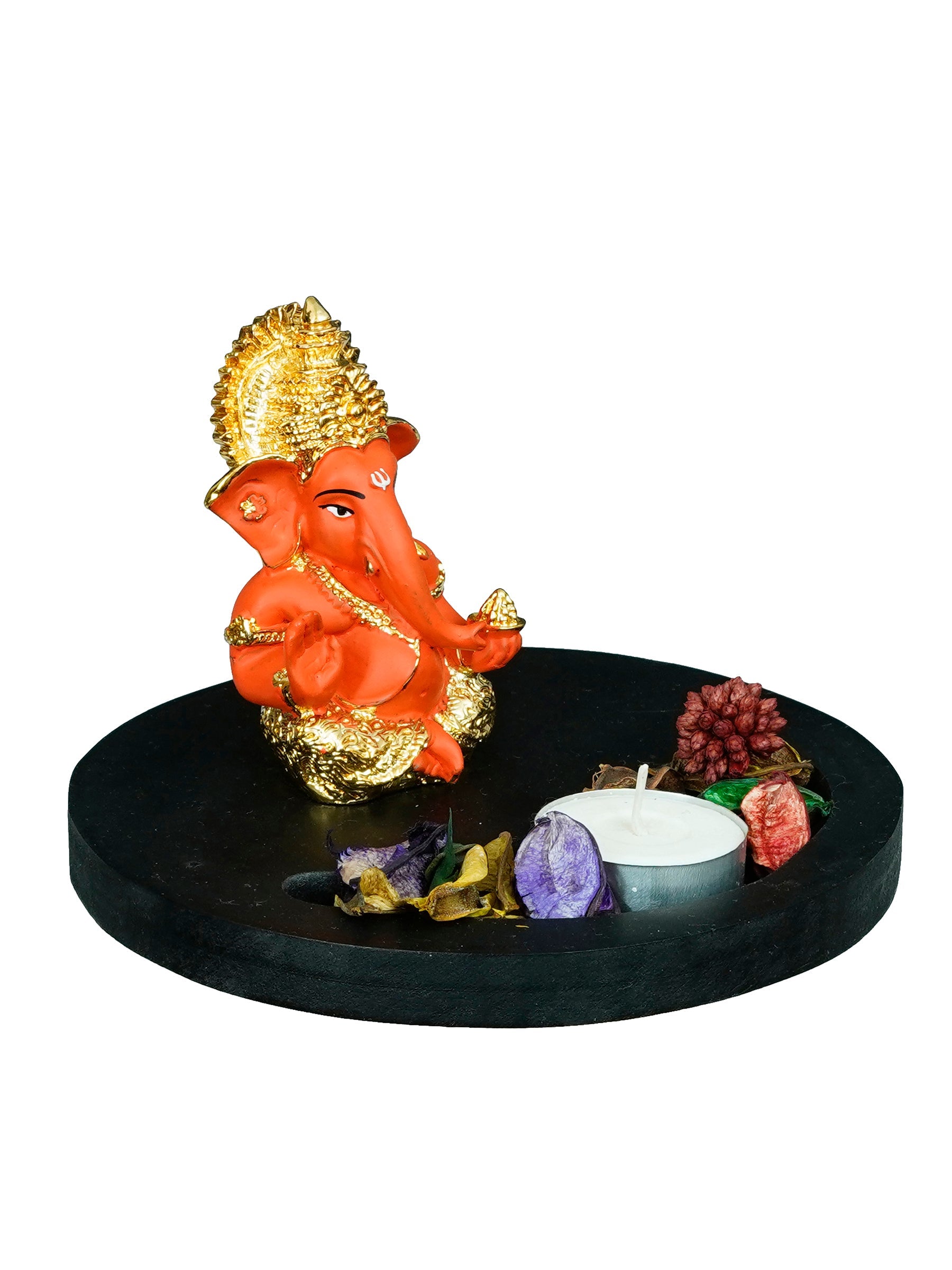 Polyresin Gold Plated Orange Ganesha Idol on Wooden Base, Fragranced Petals Tealight Candle Holder Kafalo