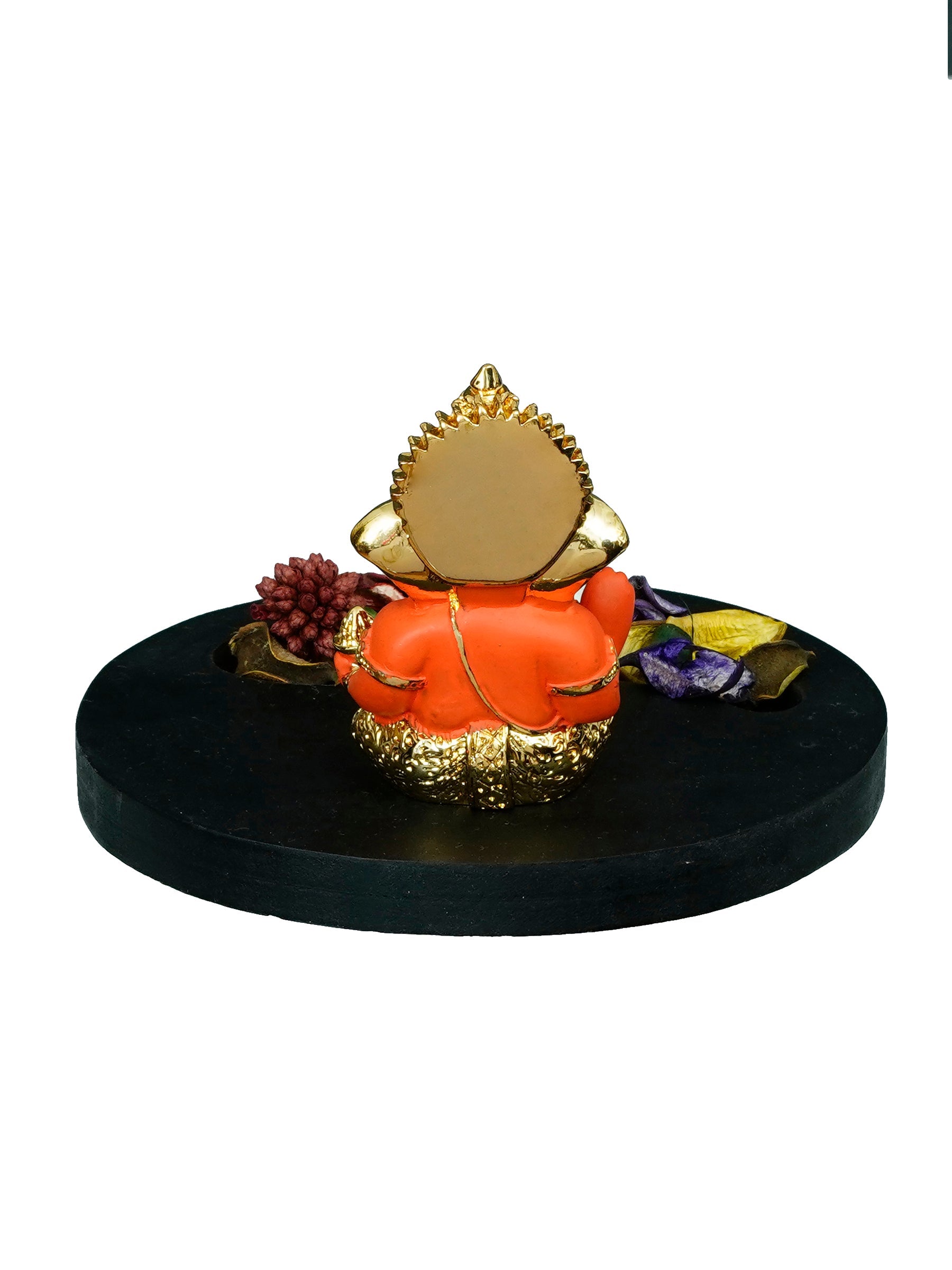 Polyresin Gold Plated Orange Ganesha Idol on Wooden Base, Fragranced Petals Tealight Candle Holder Kafalo