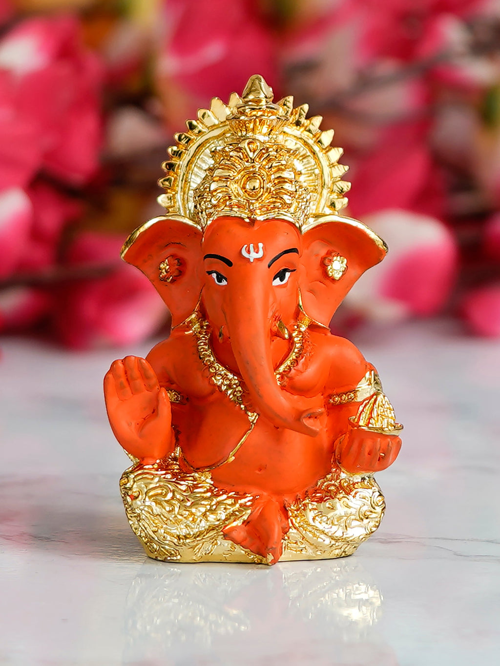 Gold Plated Orange Polyresin Ganesha Idol for Home, Temple, Office and Car Dashboard Kafalo