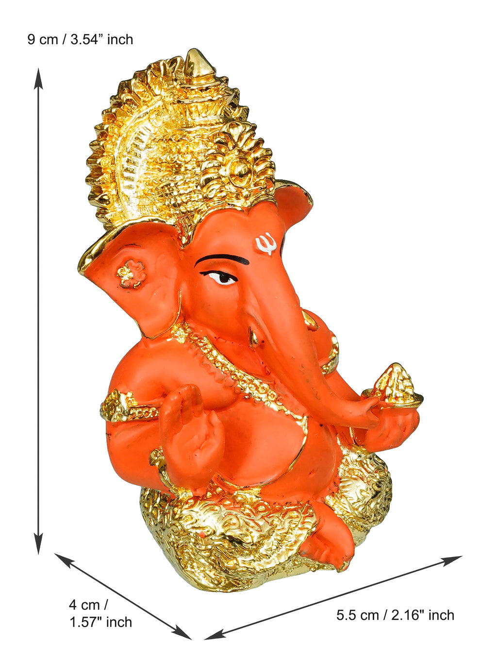 Gold Plated Orange Polyresin Ganesha Idol for Home, Temple, Office and Car Dashboard Kafalo