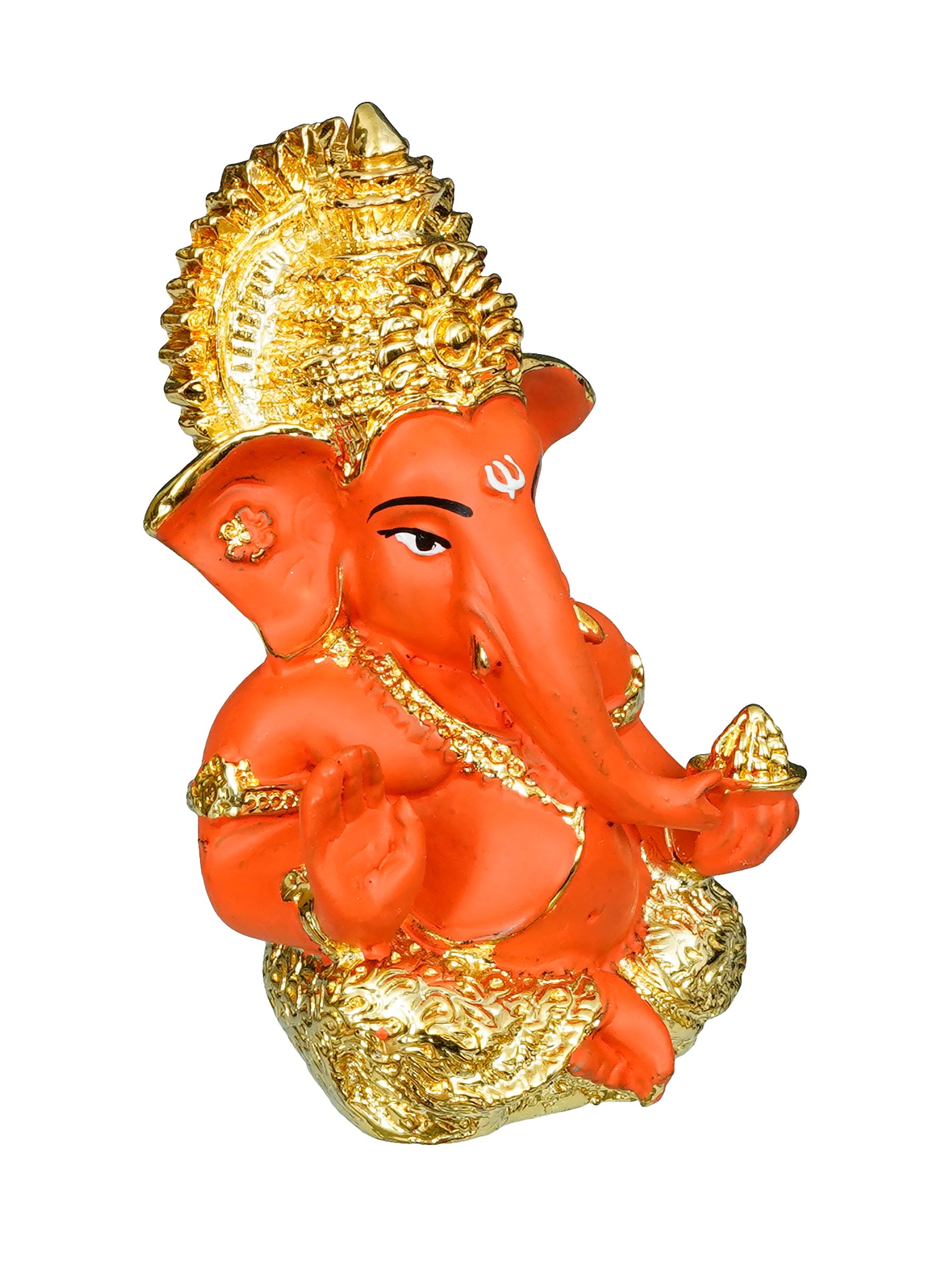 Gold Plated Orange Polyresin Ganesha Idol for Home, Temple, Office and Car Dashboard Kafalo