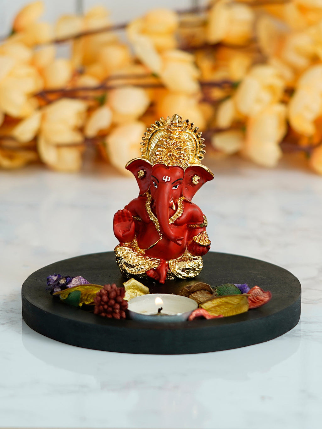 Polyresin Gold Plated Red Ganesha Idol on Wooden Base Tea Light Candle holder Kafalo