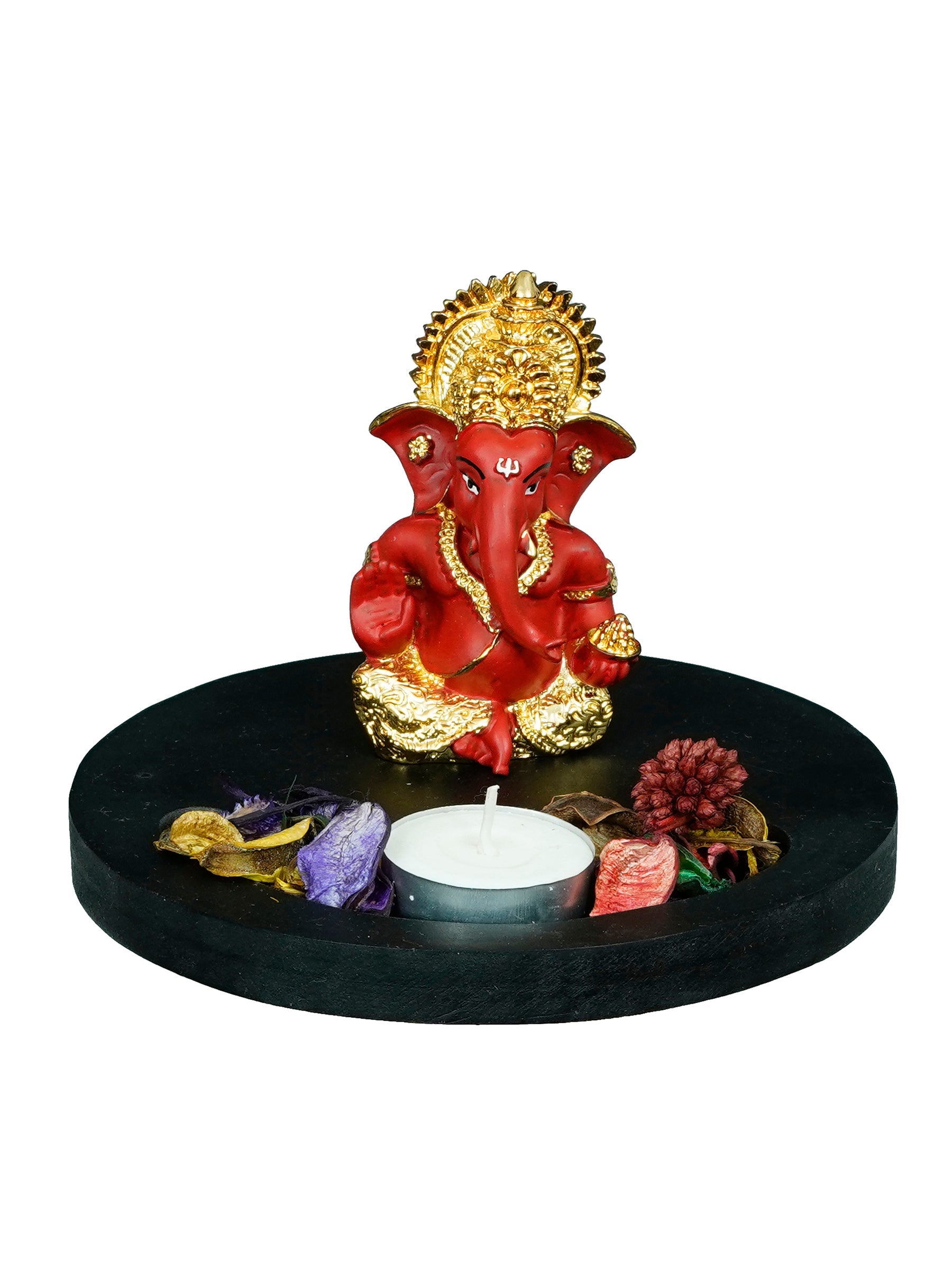 Polyresin Gold Plated Red Ganesha Idol on Wooden Base Tea Light Candle holder Kafalo