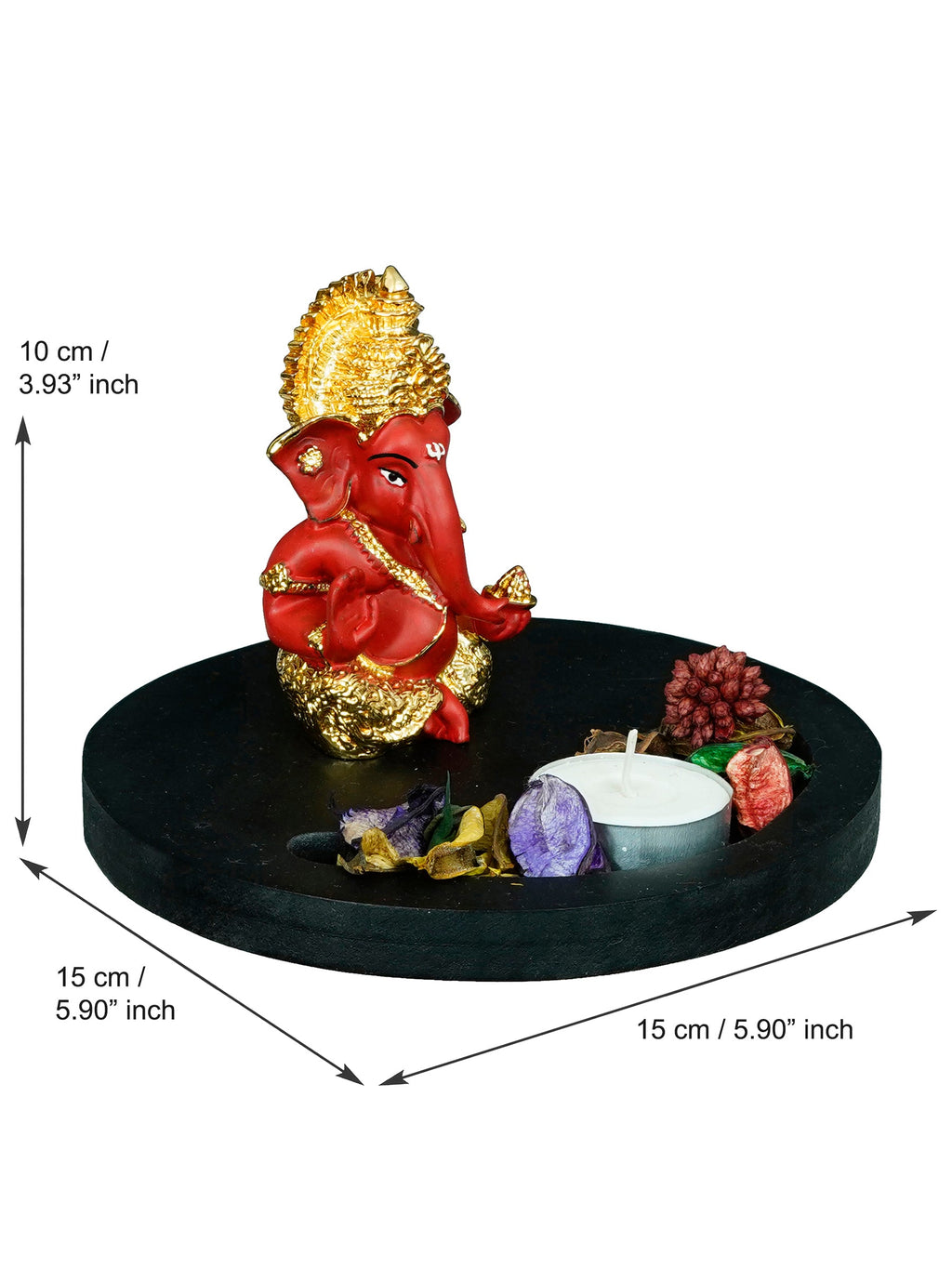 Polyresin Gold Plated Red Ganesha Idol on Wooden Base Tea Light Candle holder Kafalo