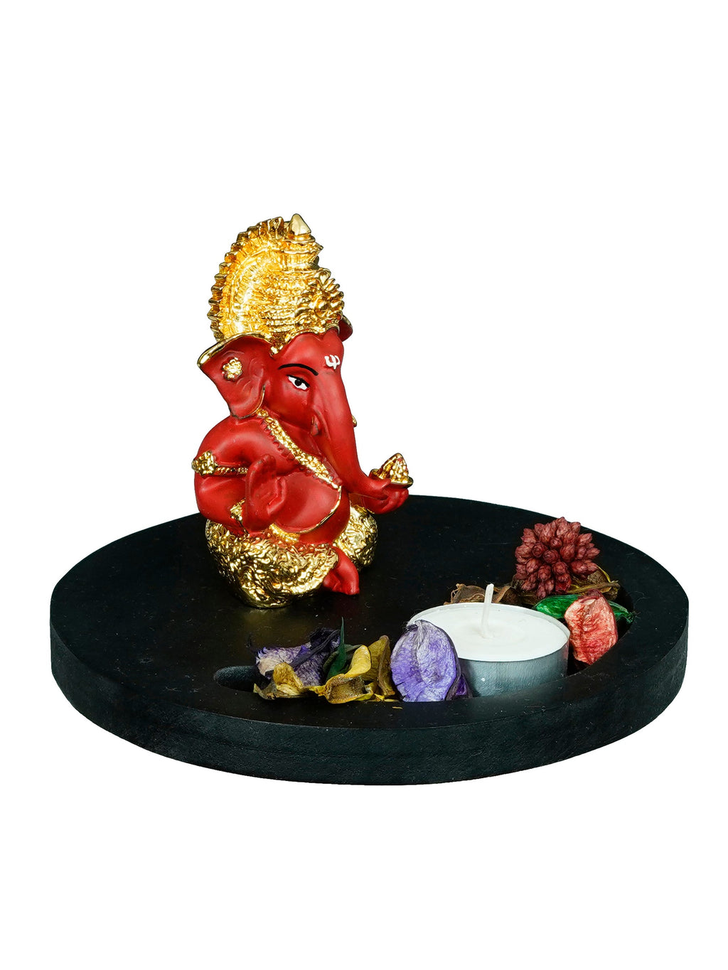 Polyresin Gold Plated Red Ganesha Idol on Wooden Base Tea Light Candle holder Kafalo