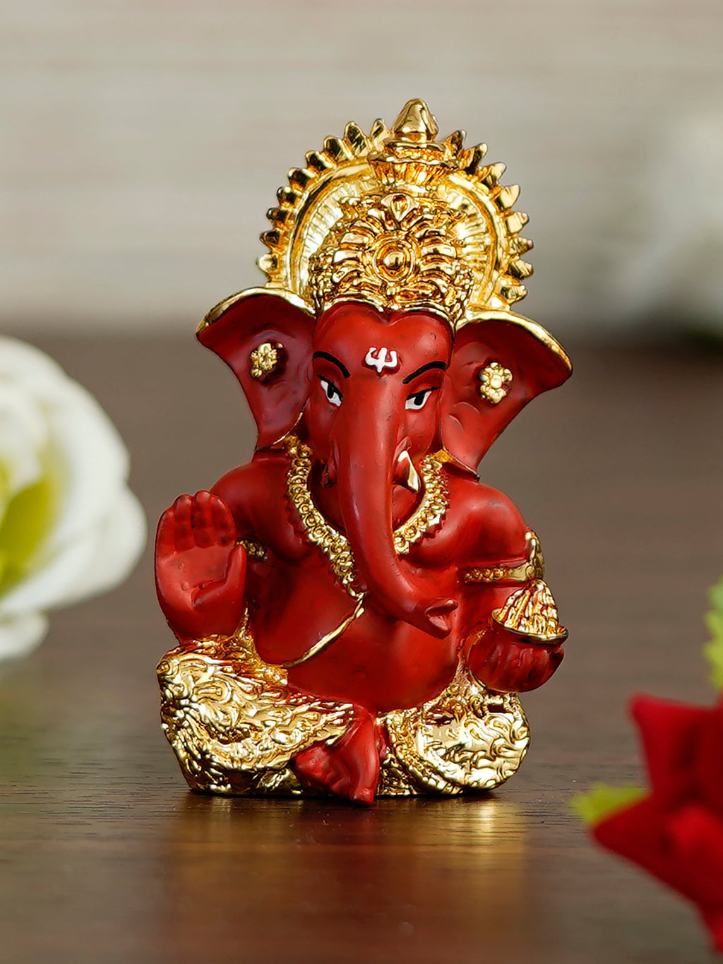 Gold Plated Red Polyresin Ganesha Idol for Home, Temple, Office and Car Dashboard Kafalo