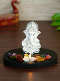 Polyresin Silver Plated White Ganesha Idol on Wooden Base Tea Light Candle holder Kafalo