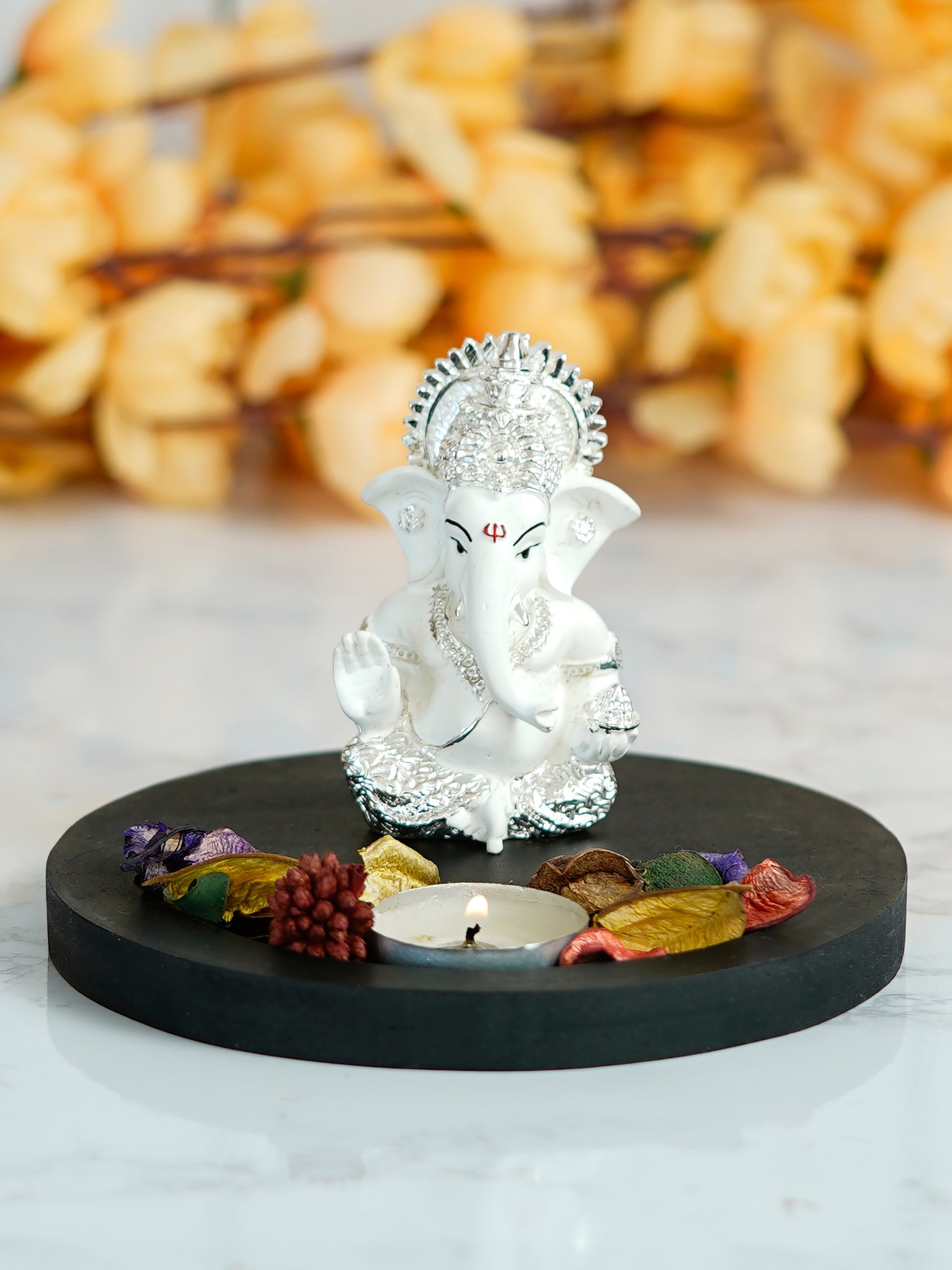 Polyresin Silver Plated White Ganesha Idol on Wooden Base Tea Light Candle holder Kafalo