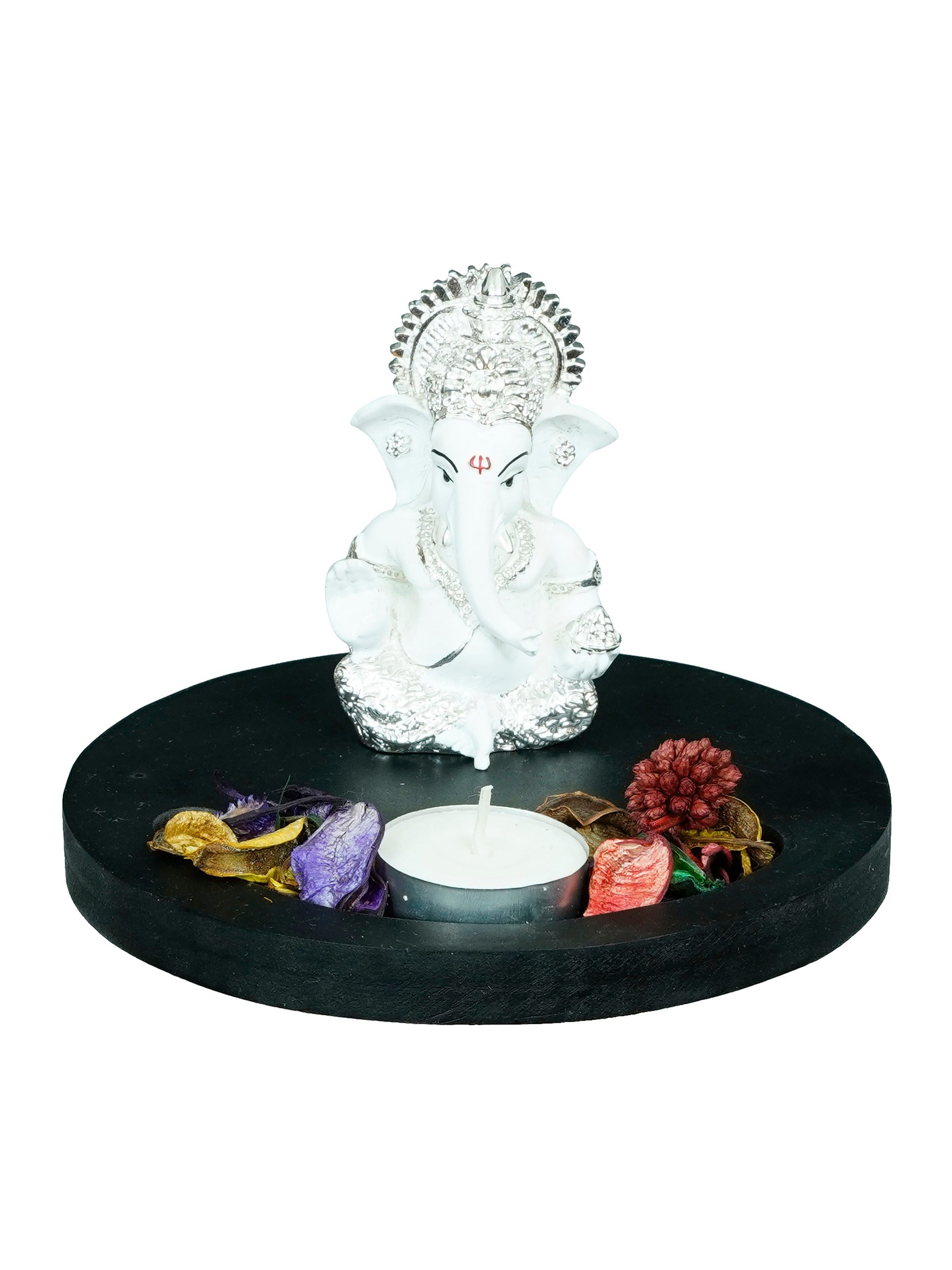 Polyresin Silver Plated White Ganesha Idol on Wooden Base Tea Light Candle holder Kafalo