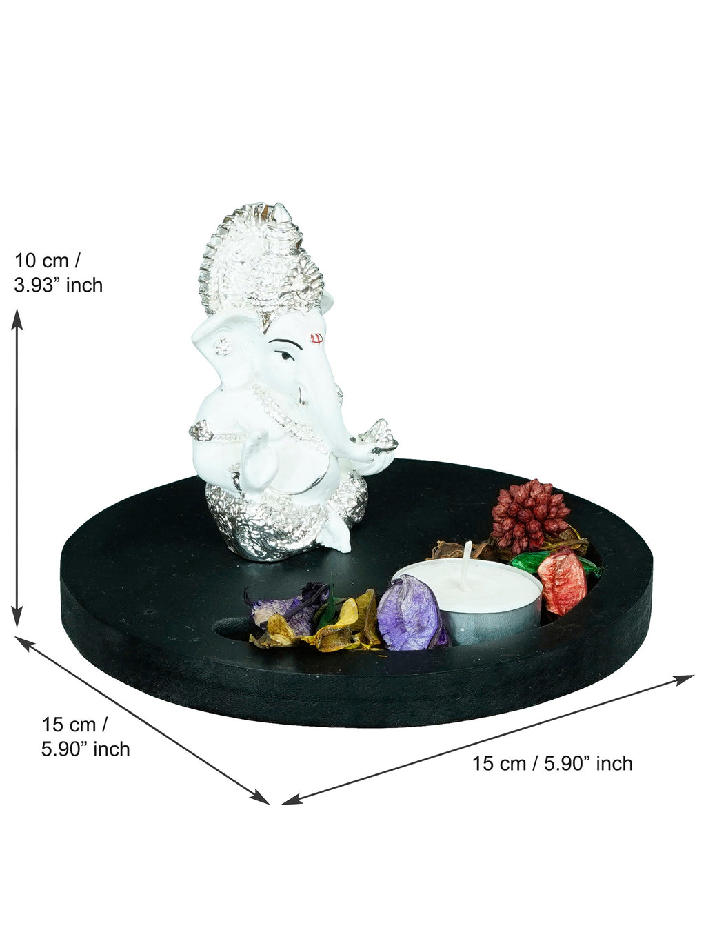 Polyresin Silver Plated White Ganesha Idol on Wooden Base Tea Light Candle holder Kafalo