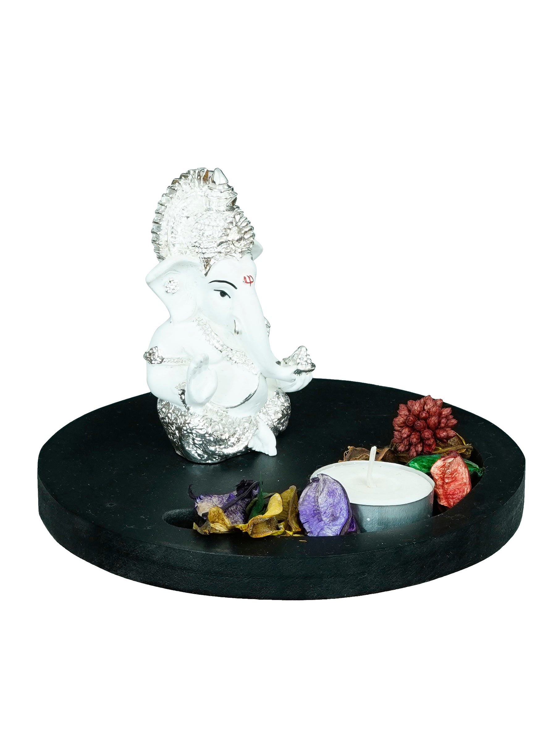 Polyresin Silver Plated White Ganesha Idol on Wooden Base Tea Light Candle holder Kafalo