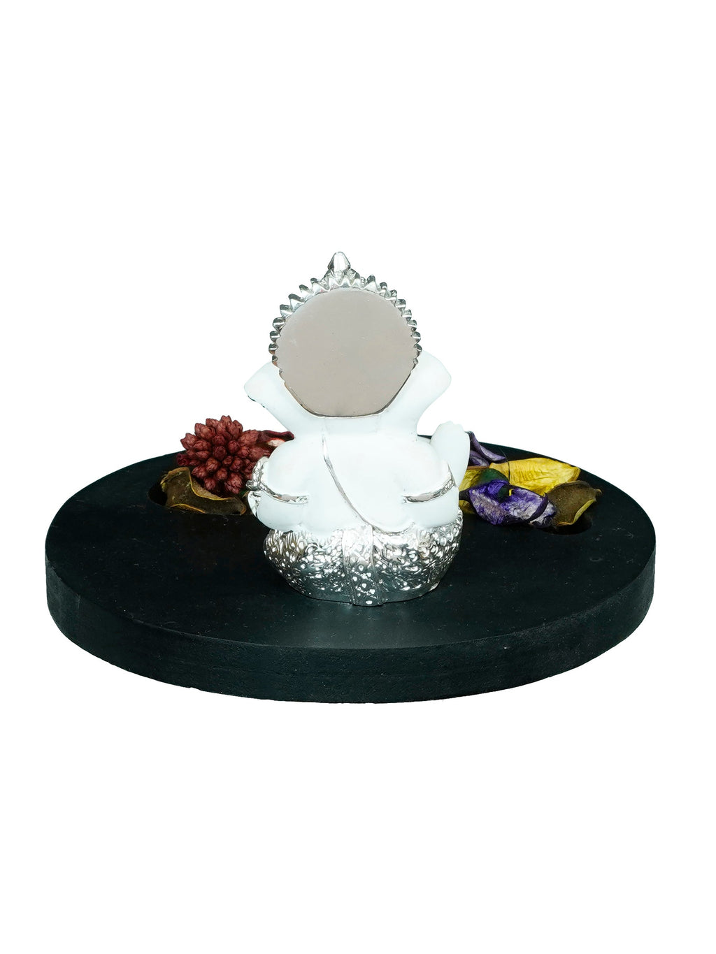 Polyresin Silver Plated White Ganesha Idol on Wooden Base Tea Light Candle holder Kafalo