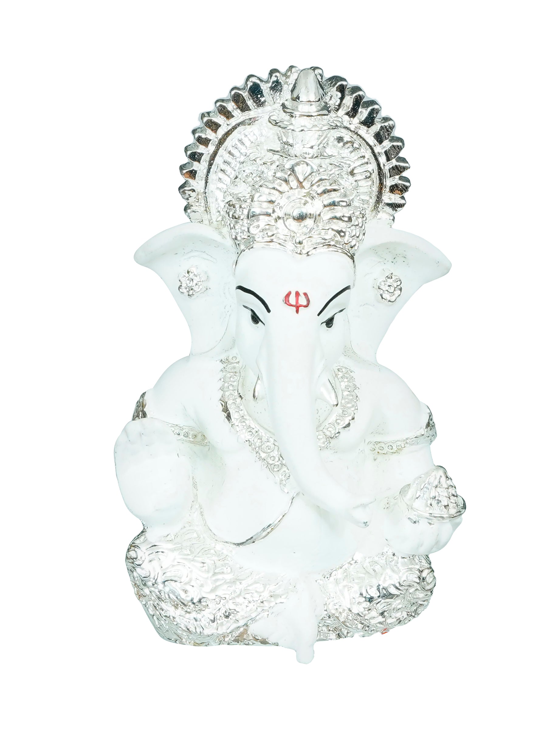 Silver Plated White Polyresin Ganesha Idol for Home, Temple, Office and Car Dashboard Kafalo