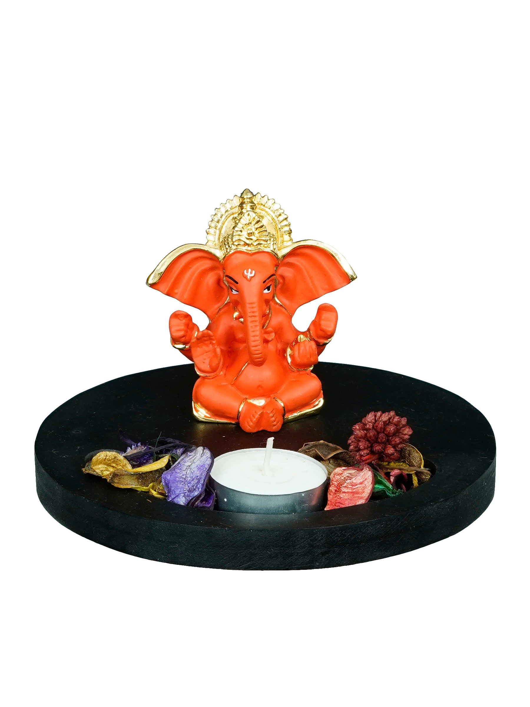 Gold Plated Orange Ganesha Idol with Wooden Base, Fragranced Petals and Tealight Kafalo
