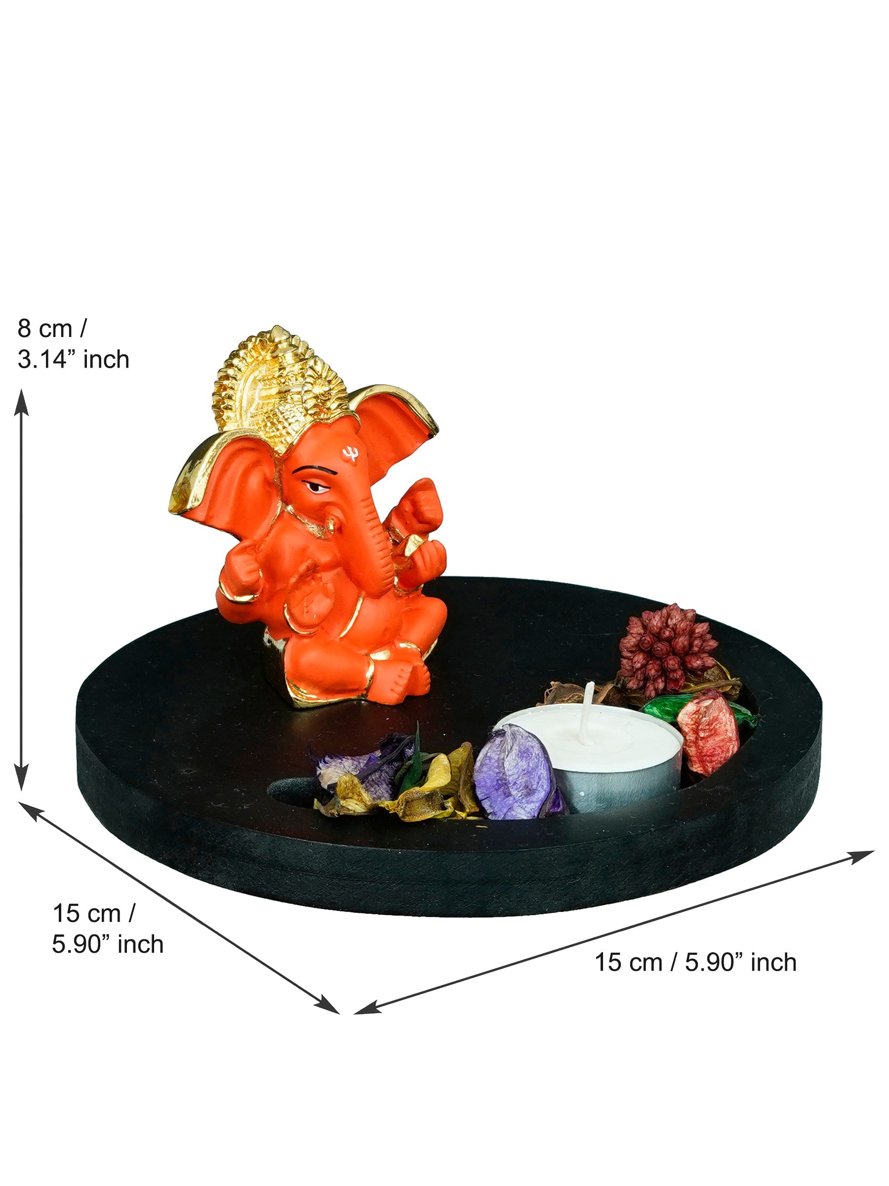 Gold Plated Orange Ganesha Idol with Wooden Base, Fragranced Petals and Tealight Kafalo