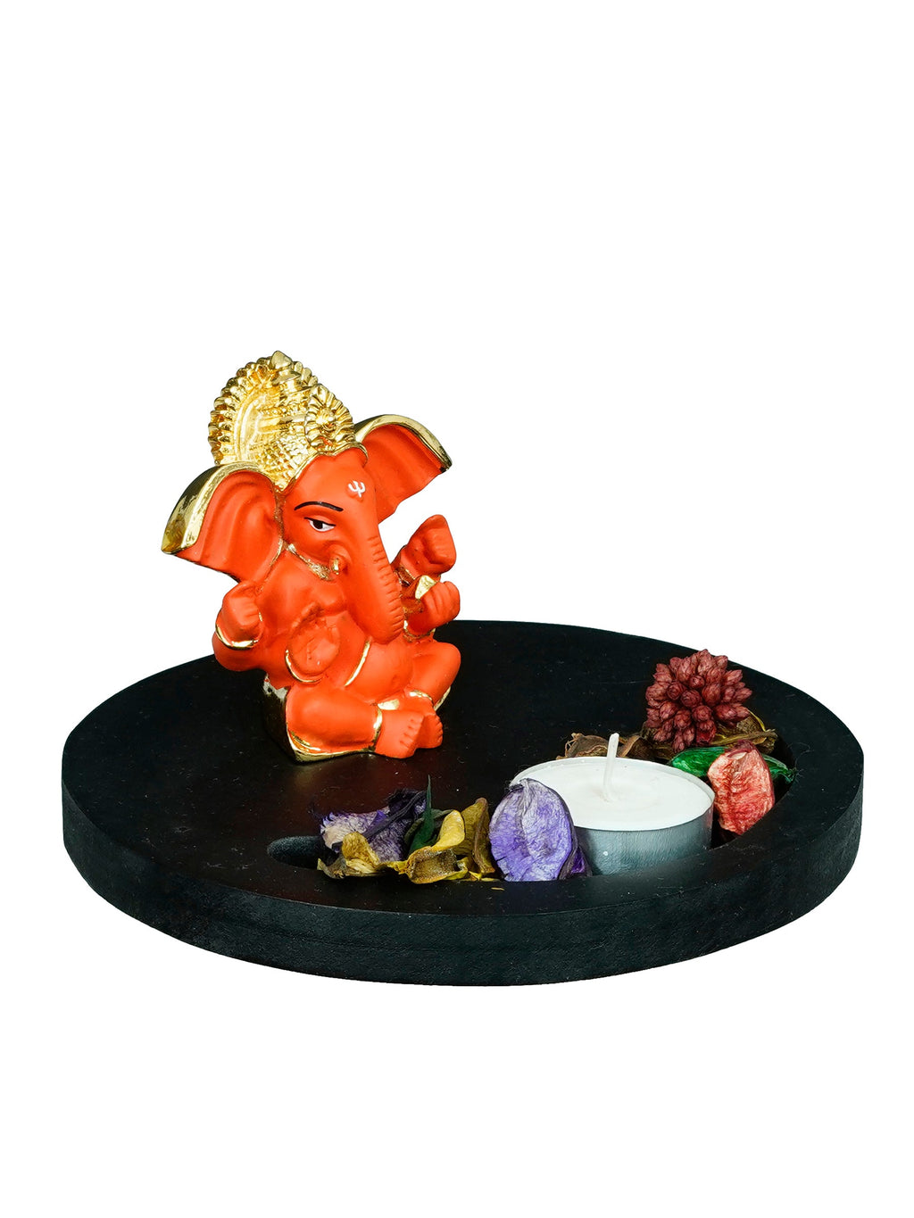 Gold Plated Orange Ganesha Idol with Wooden Base, Fragranced Petals and Tealight Kafalo