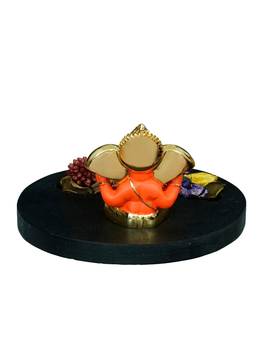 Gold Plated Orange Ganesha Idol with Wooden Base, Fragranced Petals and Tealight Kafalo