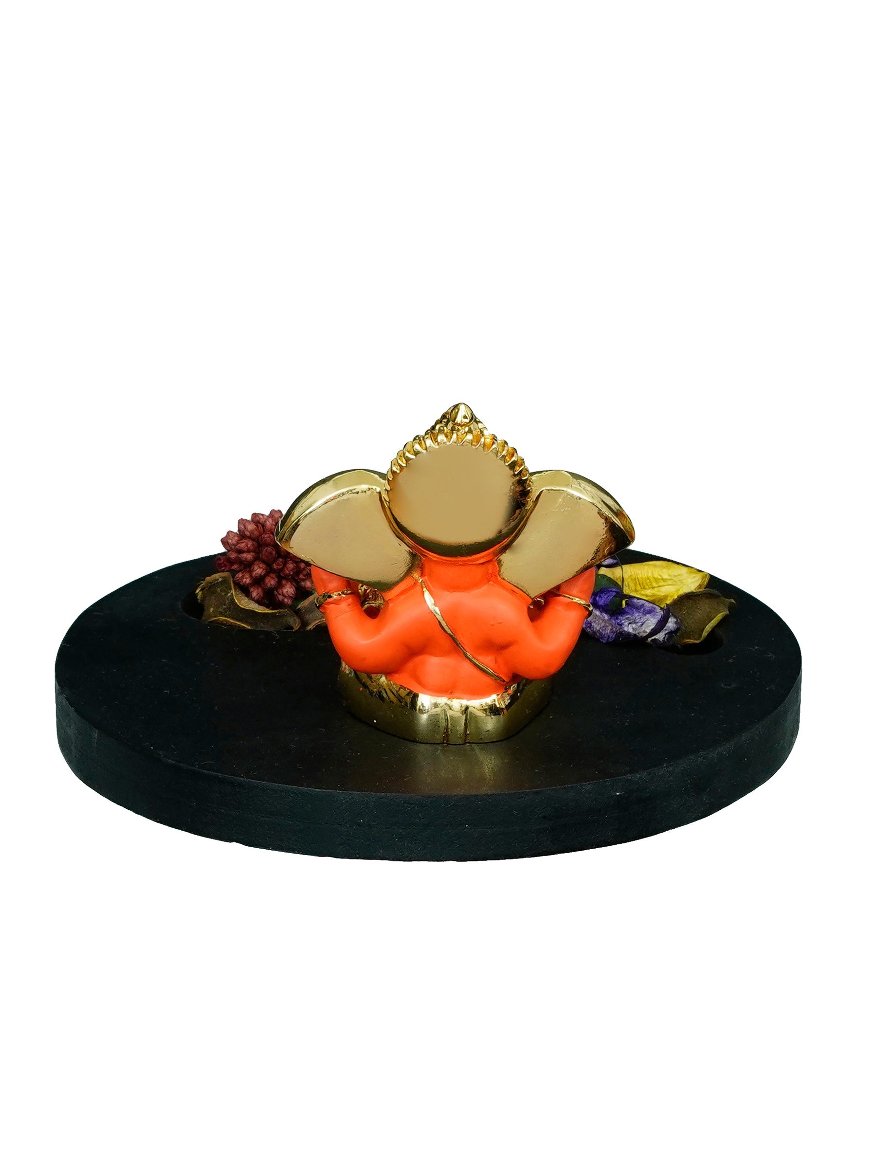 Gold Plated Orange Ganesha Idol with Wooden Base, Fragranced Petals and Tealight Kafalo