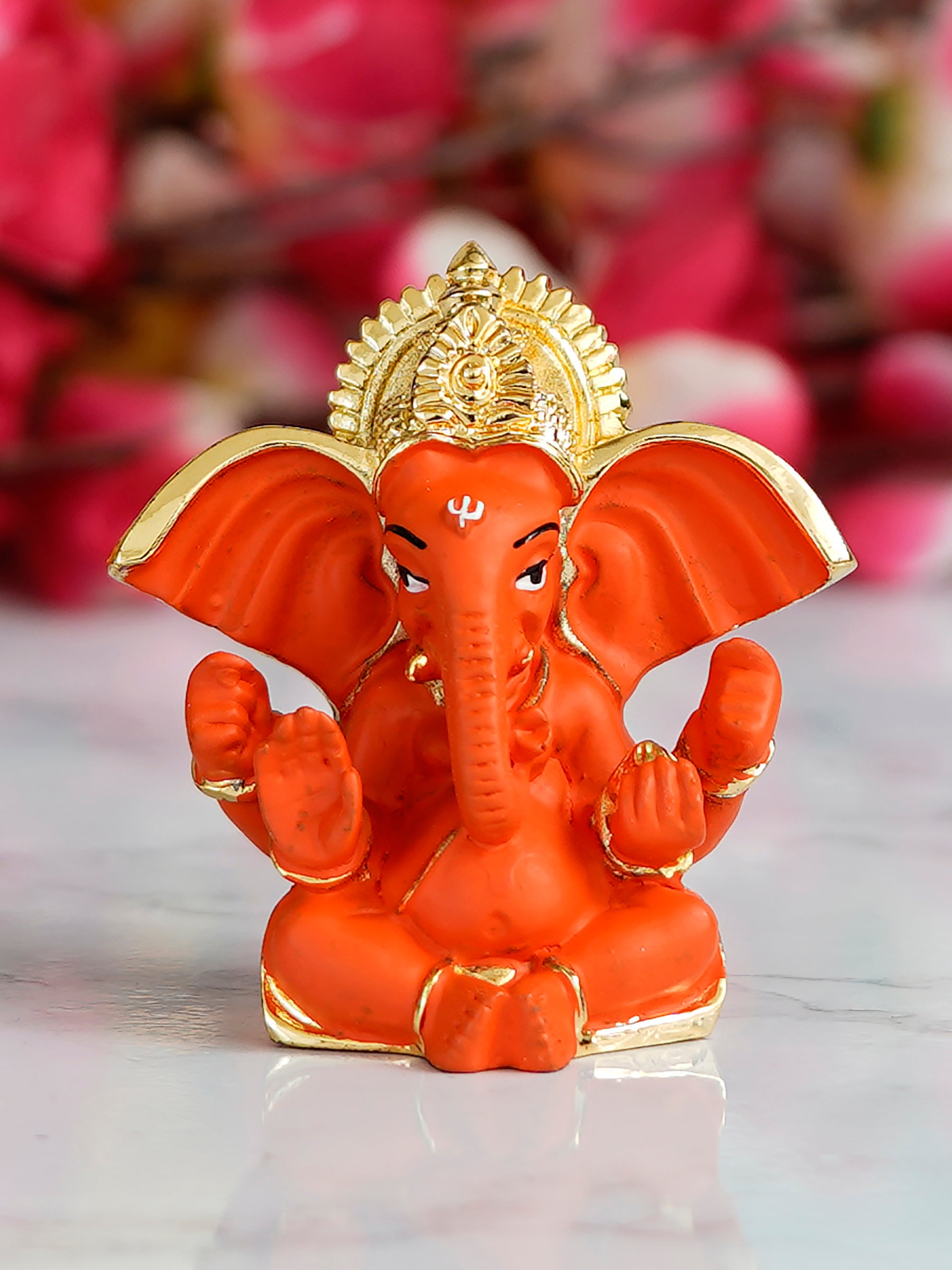 Gold Plated Orange Polyresin Ganesha Idol for Home, Temple, Office and Car Dashboard Kafalo