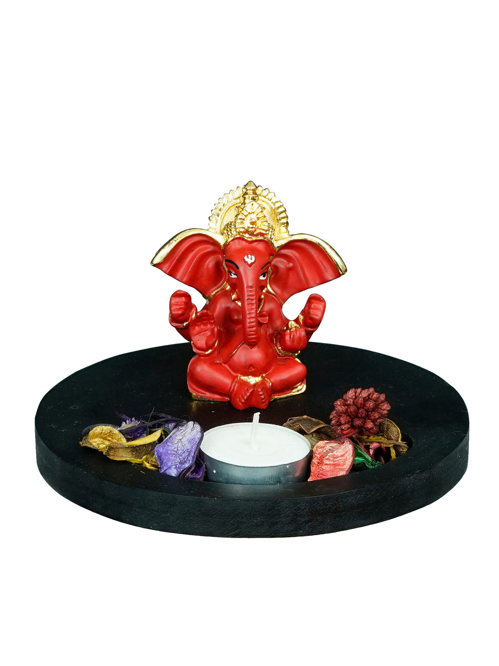 Gold Plated Red Ganesha Idol with Wooden Base, Fragranced Petals and Tealight Kafalo
