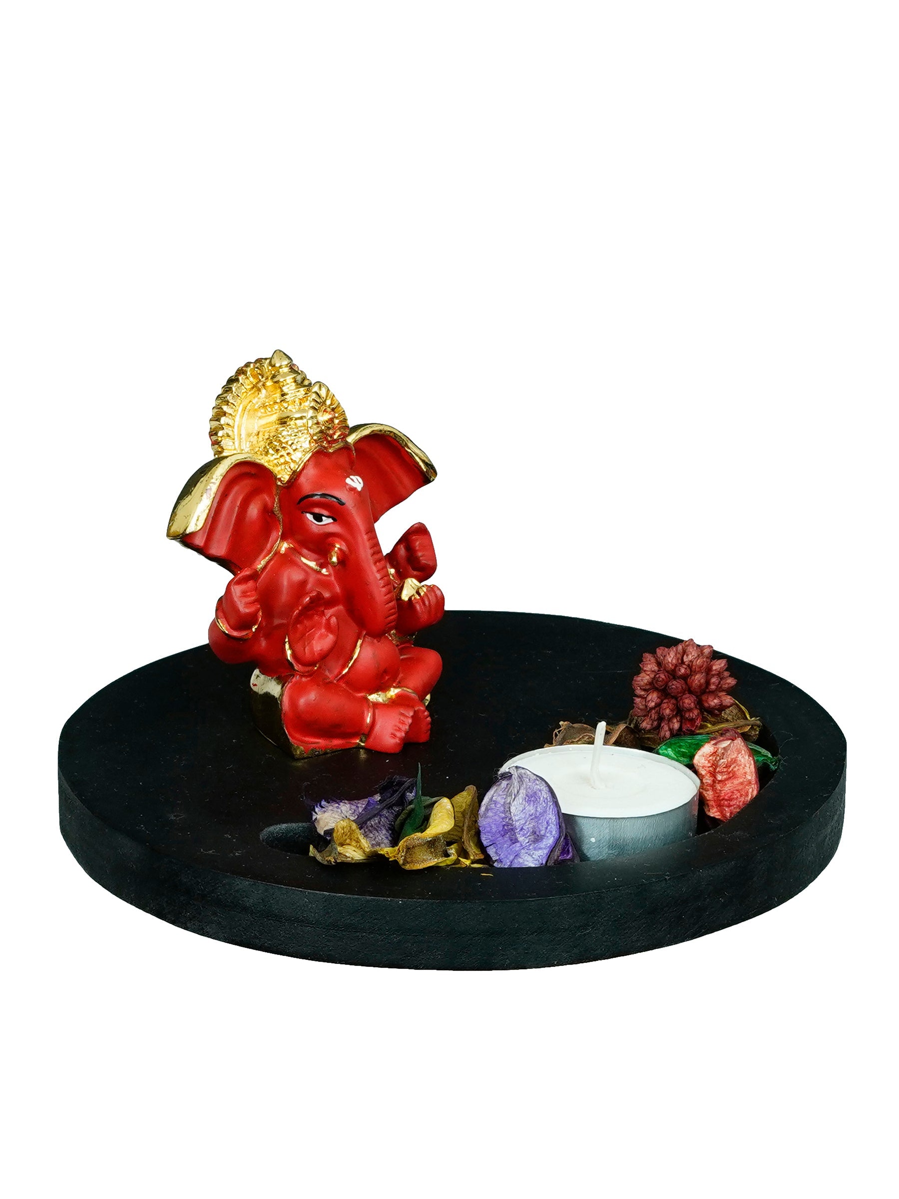 Gold Plated Red Ganesha Idol with Wooden Base, Fragranced Petals and Tealight Kafalo