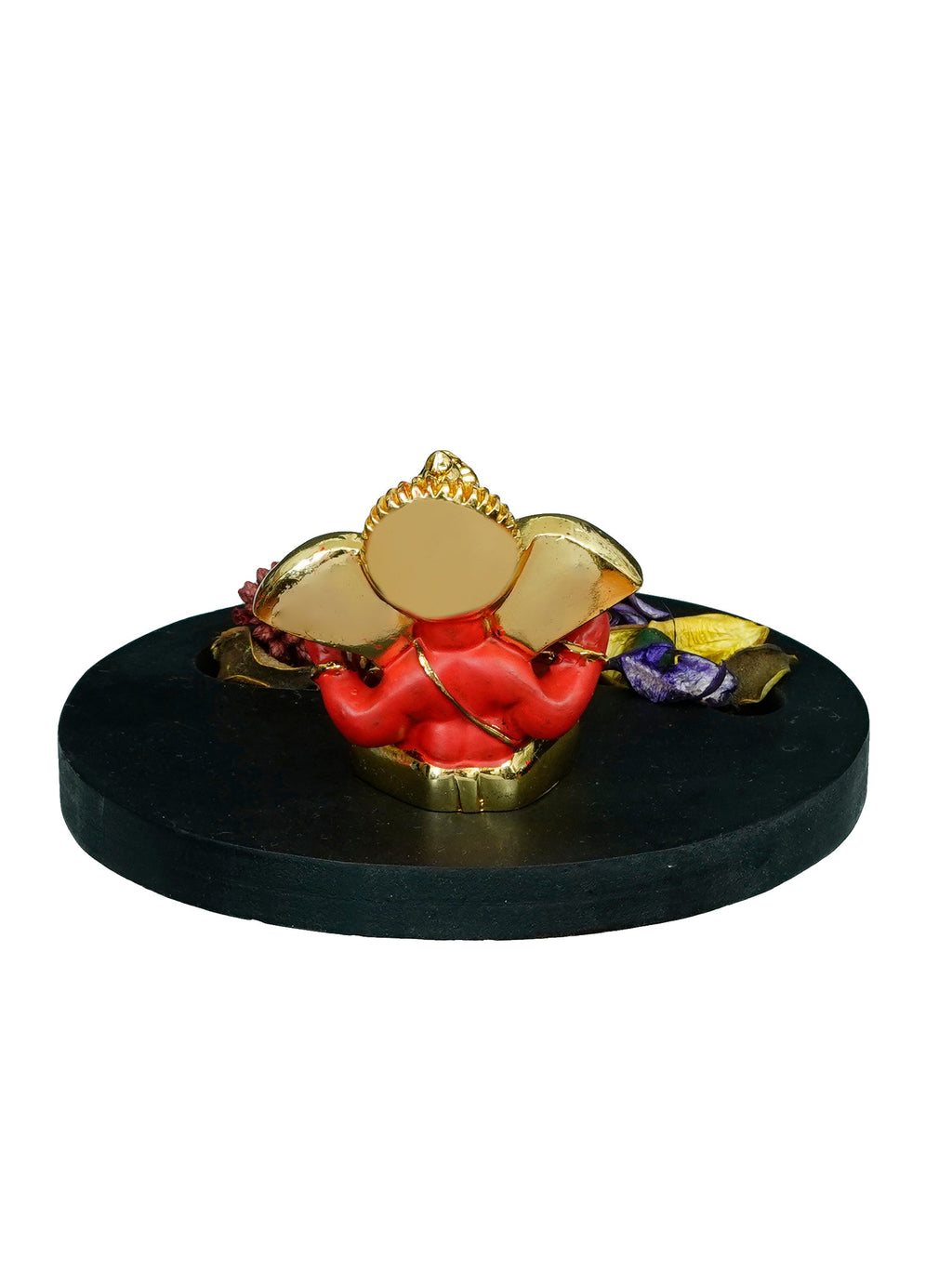 Gold Plated Red Ganesha Idol with Wooden Base, Fragranced Petals and Tealight Kafalo