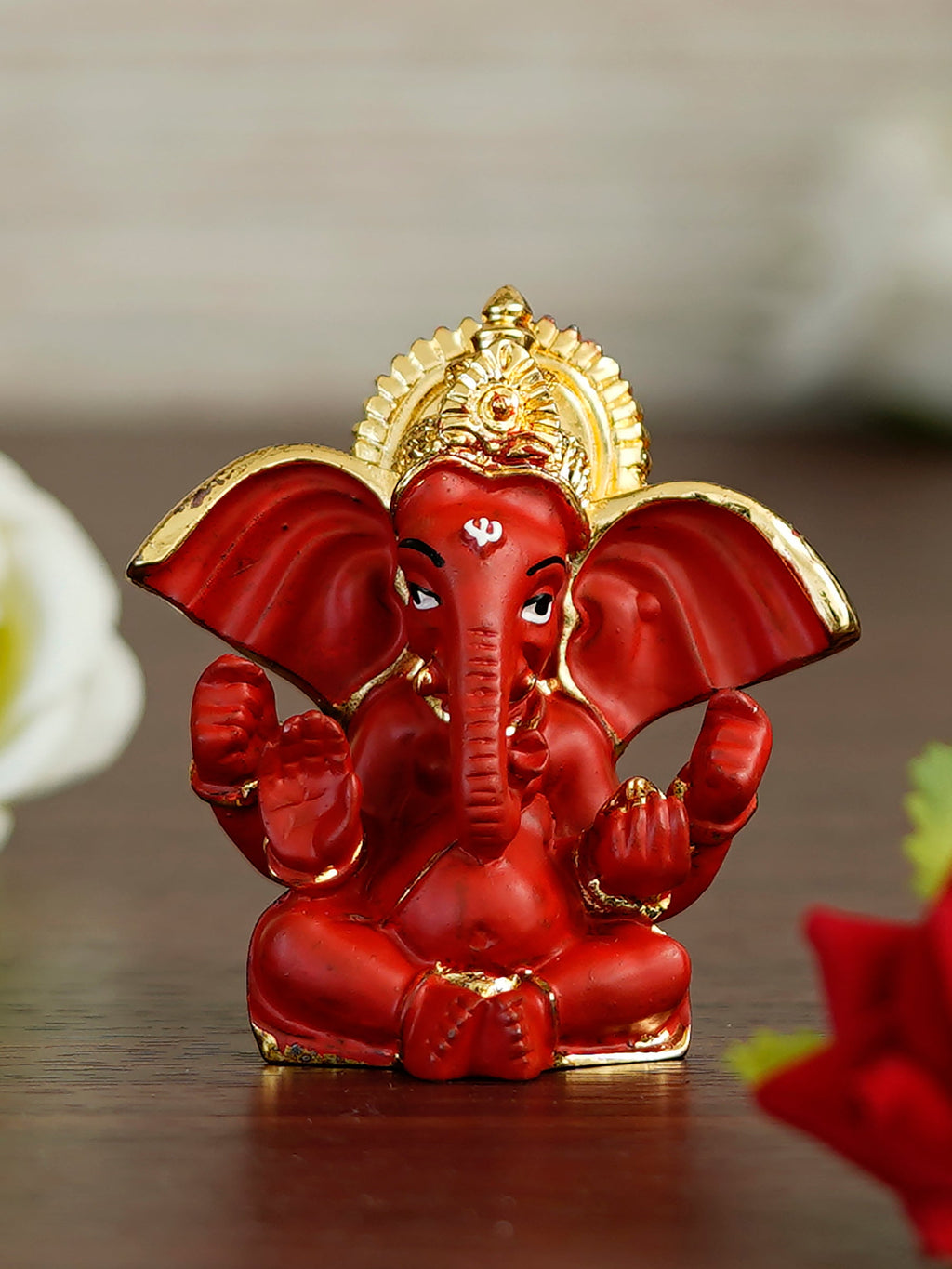 Gold Plated Red Polyresin Ganesha Idol for Home, Temple, Office and Car Dashboard Kafalo