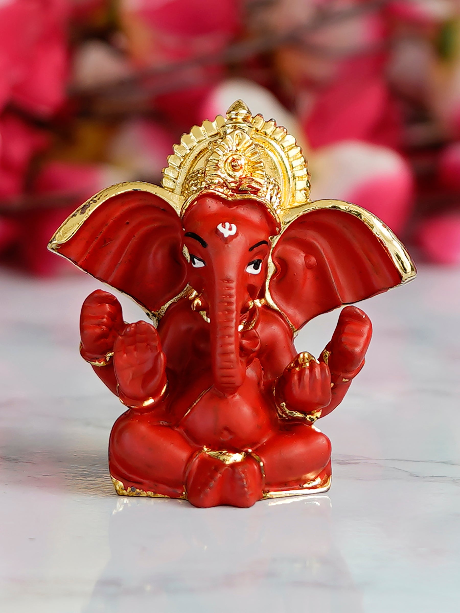 Gold Plated Red Polyresin Ganesha Idol for Home, Temple, Office and Car Dashboard Kafalo