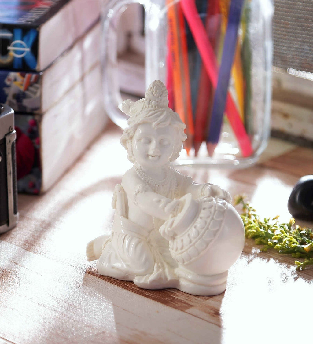 Pure White Statue of Laddu Gopal having Makhan Kafalo