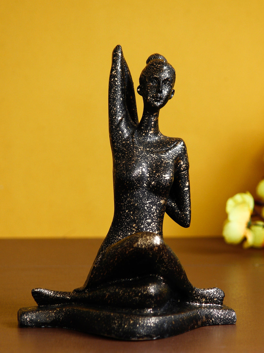 Black Polyresin Lady in Gomukhasana or Cow Face Yoga Position Antique Look Handcrafted Decorative Showpiece Kafalo