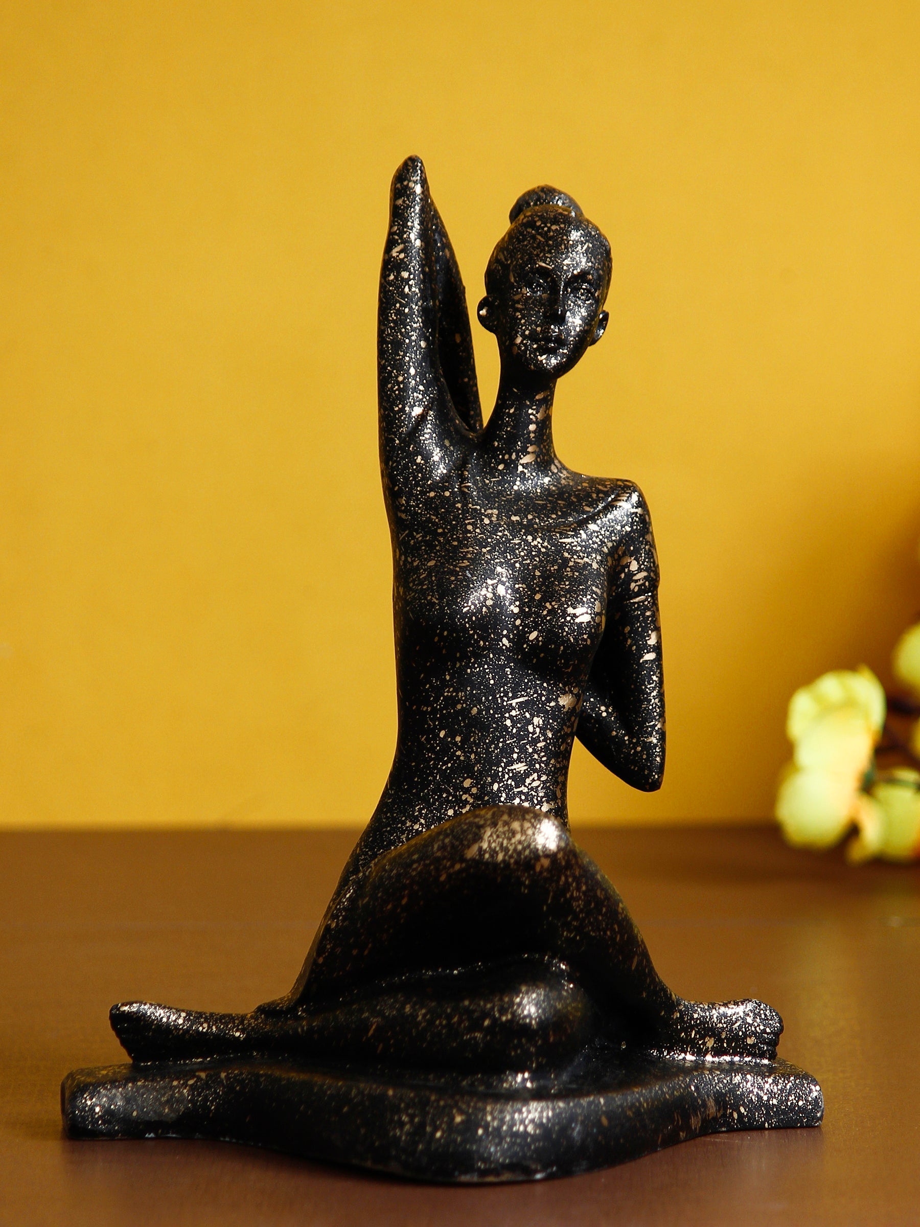 Black Polyresin Lady in Gomukhasana or Cow Face Yoga Position Antique Look Handcrafted Decorative Showpiece Kafalo