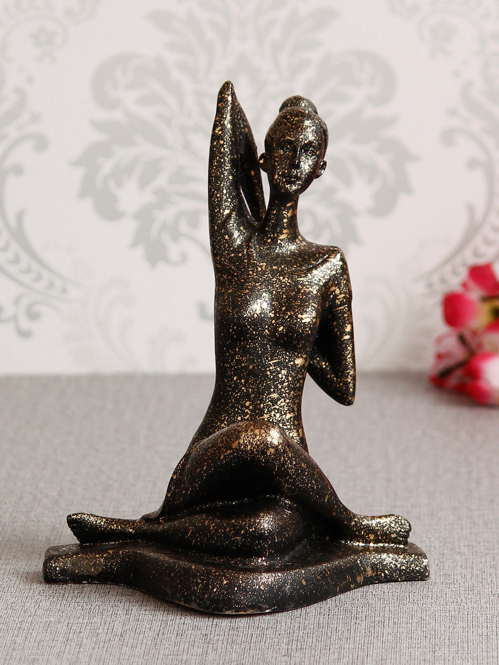 Black Polyresin Lady in Gomukhasana or Cow Face Yoga Position Antique Look Handcrafted Decorative Showpiece Kafalo