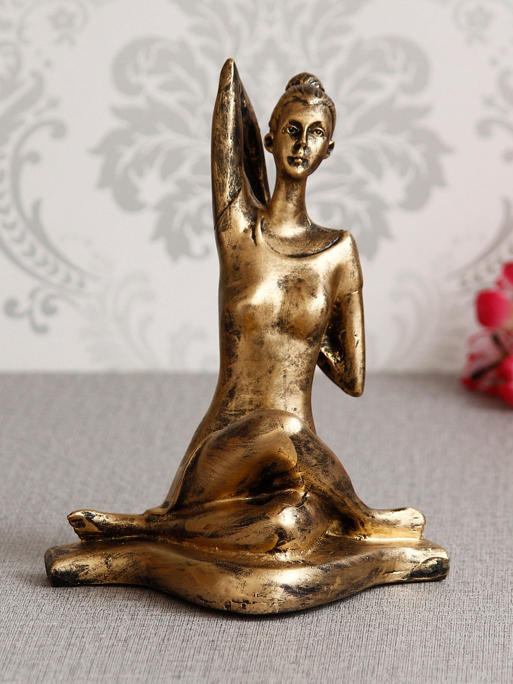 Golden Polyresin Lady in Gomukhasana or Cow Face Yoga Position Antique Look Handcrafted Decorative Showpiece Kafalo