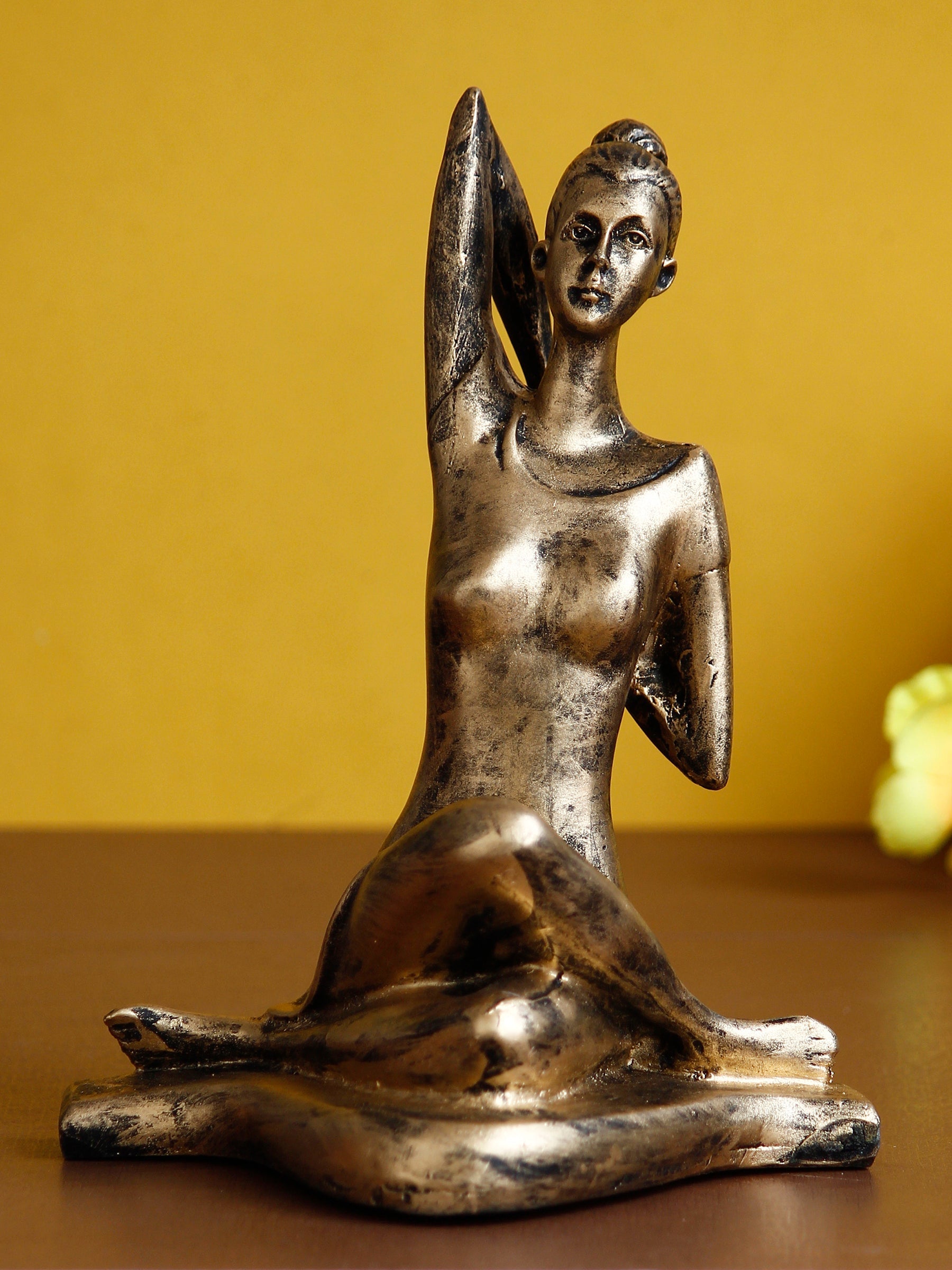 Golden Polyresin Lady in Gomukhasana or Cow Face Yoga Position Antique Look Handcrafted Decorative Showpiece Kafalo