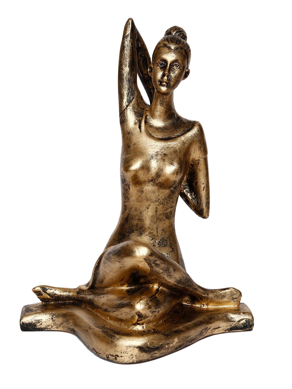 Golden Polyresin Lady in Gomukhasana or Cow Face Yoga Position Antique Look Handcrafted Decorative Showpiece Kafalo