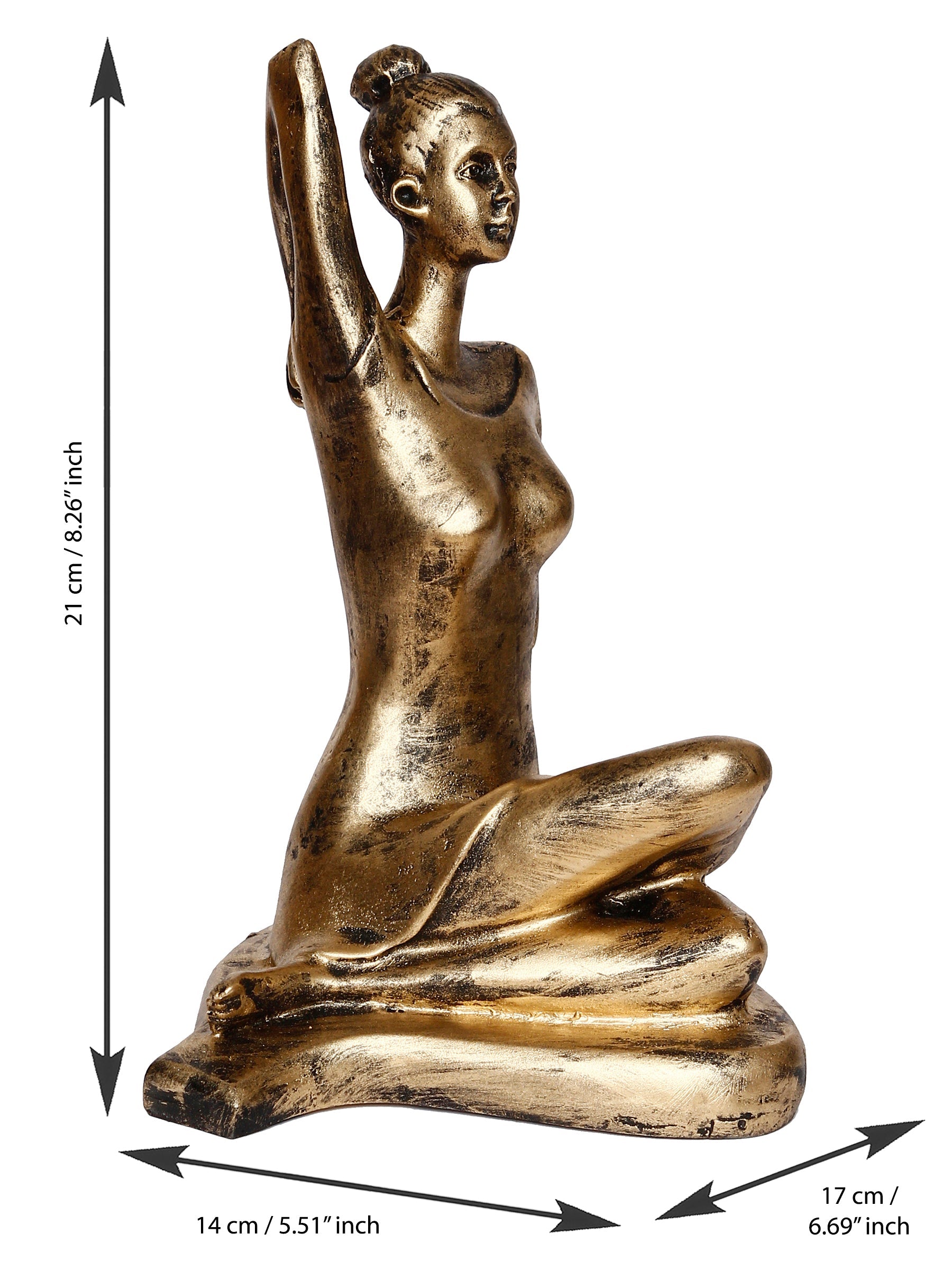 Golden Polyresin Lady in Gomukhasana or Cow Face Yoga Position Antique Look Handcrafted Decorative Showpiece Kafalo