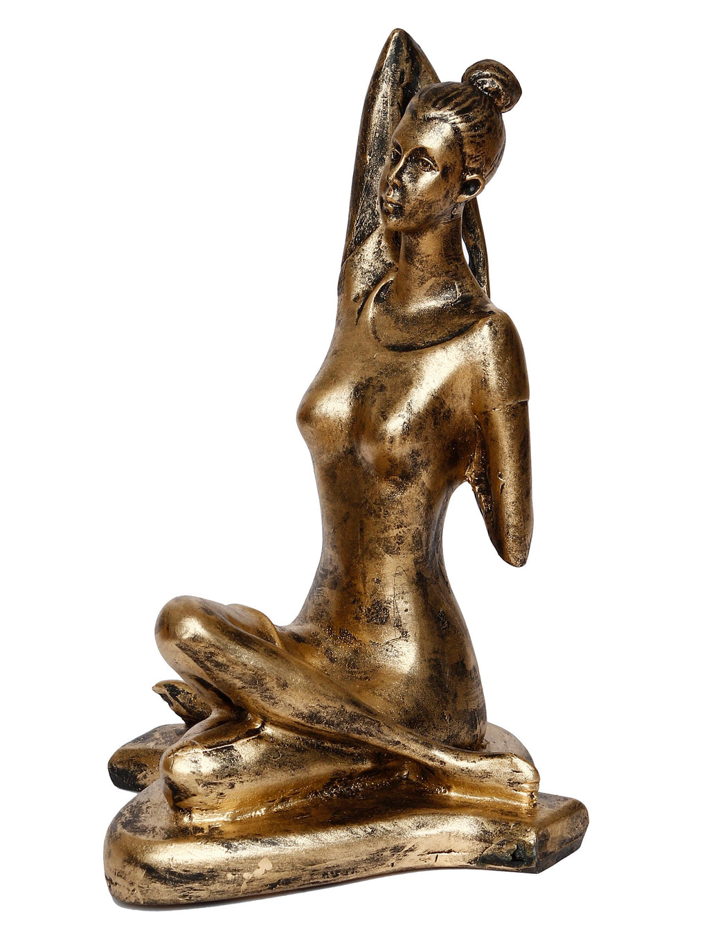 Golden Polyresin Lady in Gomukhasana or Cow Face Yoga Position Antique Look Handcrafted Decorative Showpiece Kafalo