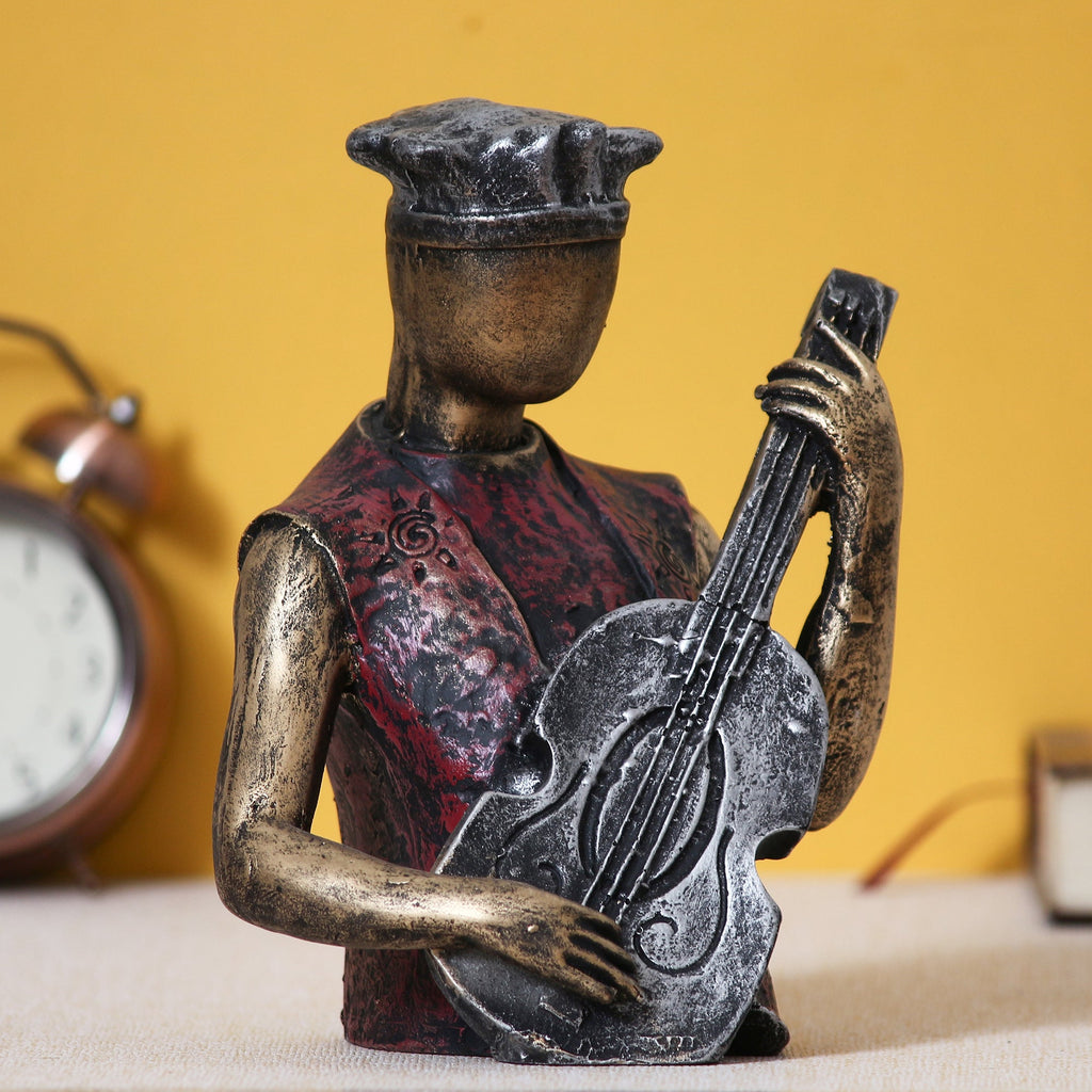 Man Figurine with Hat playing Guitar Musical Instrument (Brown, Silver and Golden) Kafalo